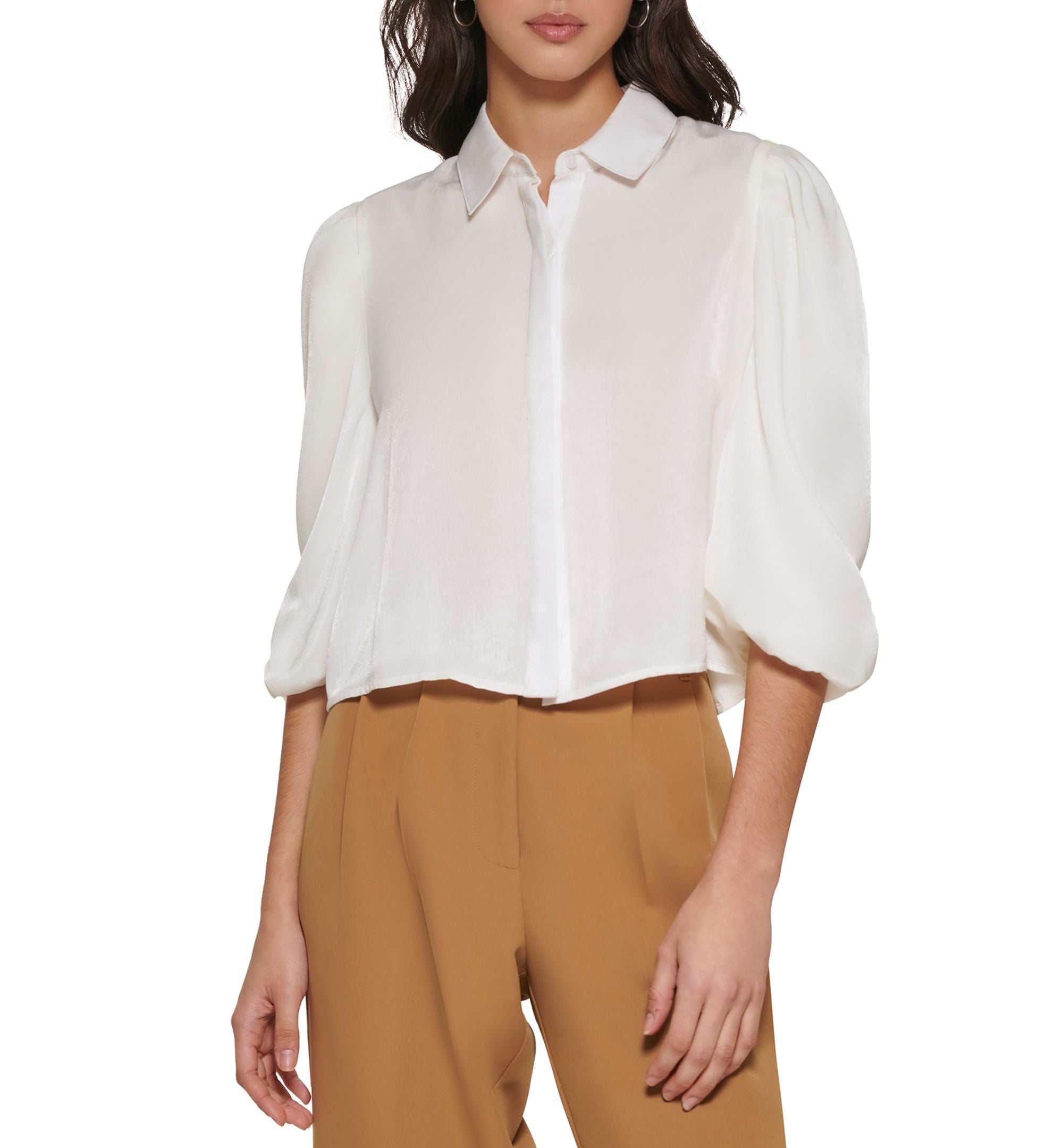 Women's Button-Front Puff-Sleeve Cropped Top