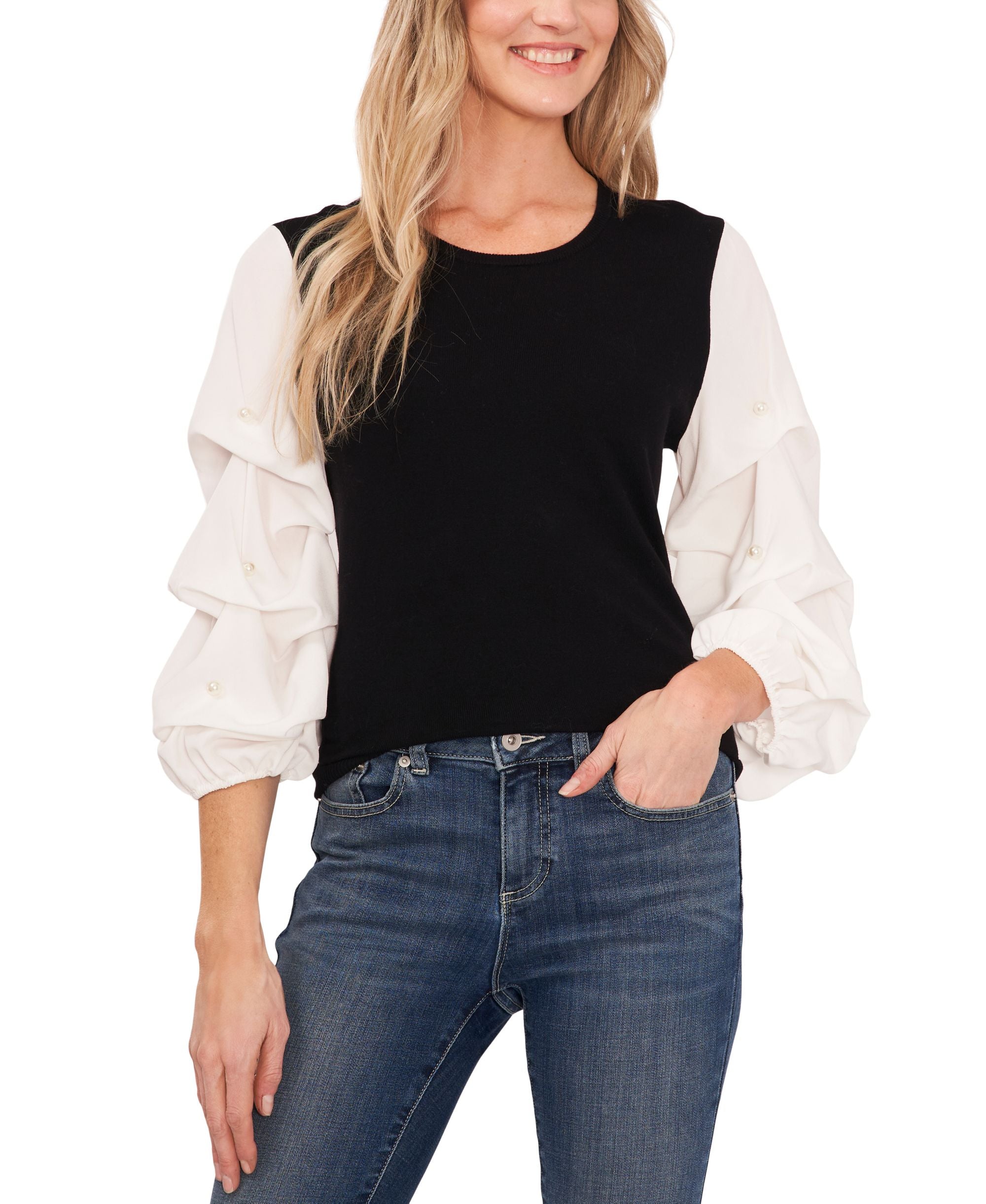 Women's Ruffled Imitation Pearl-Detail Lantern Sleeve Sweater