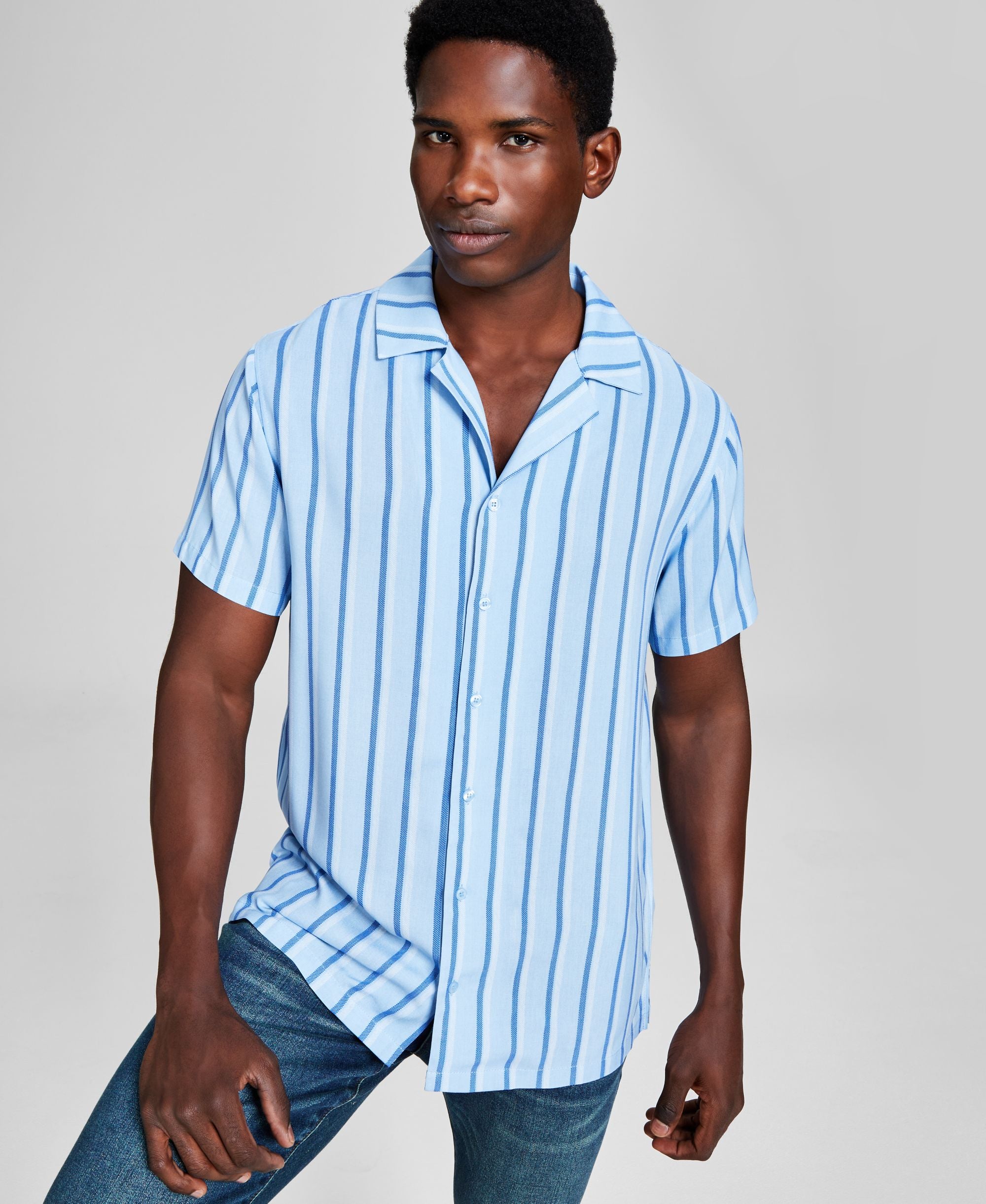 Men's Striped Woven Short Sleeve Camp Shirt