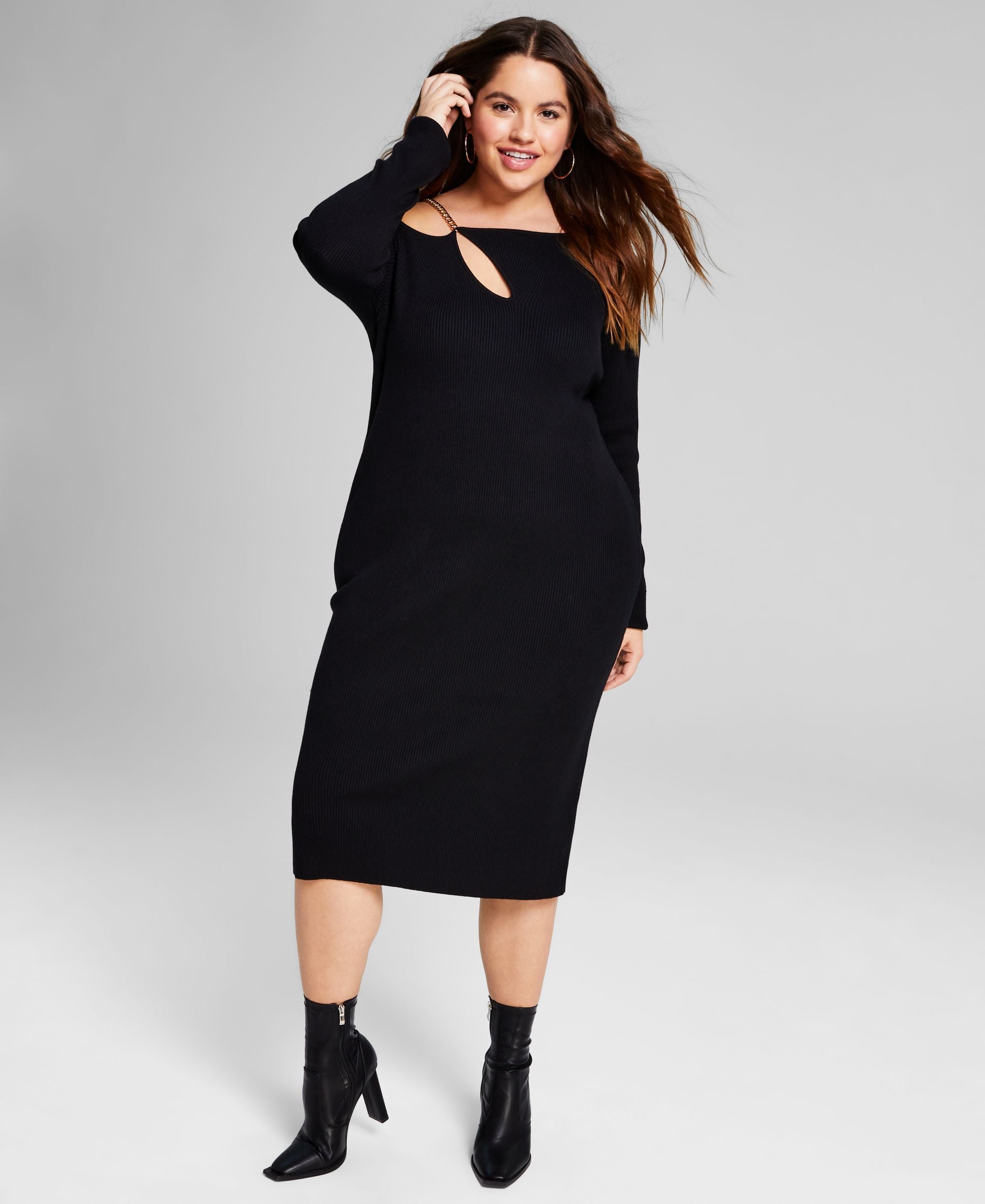 Trendy Plus Size Chain Strap Ribbed Knit Sweater Dress