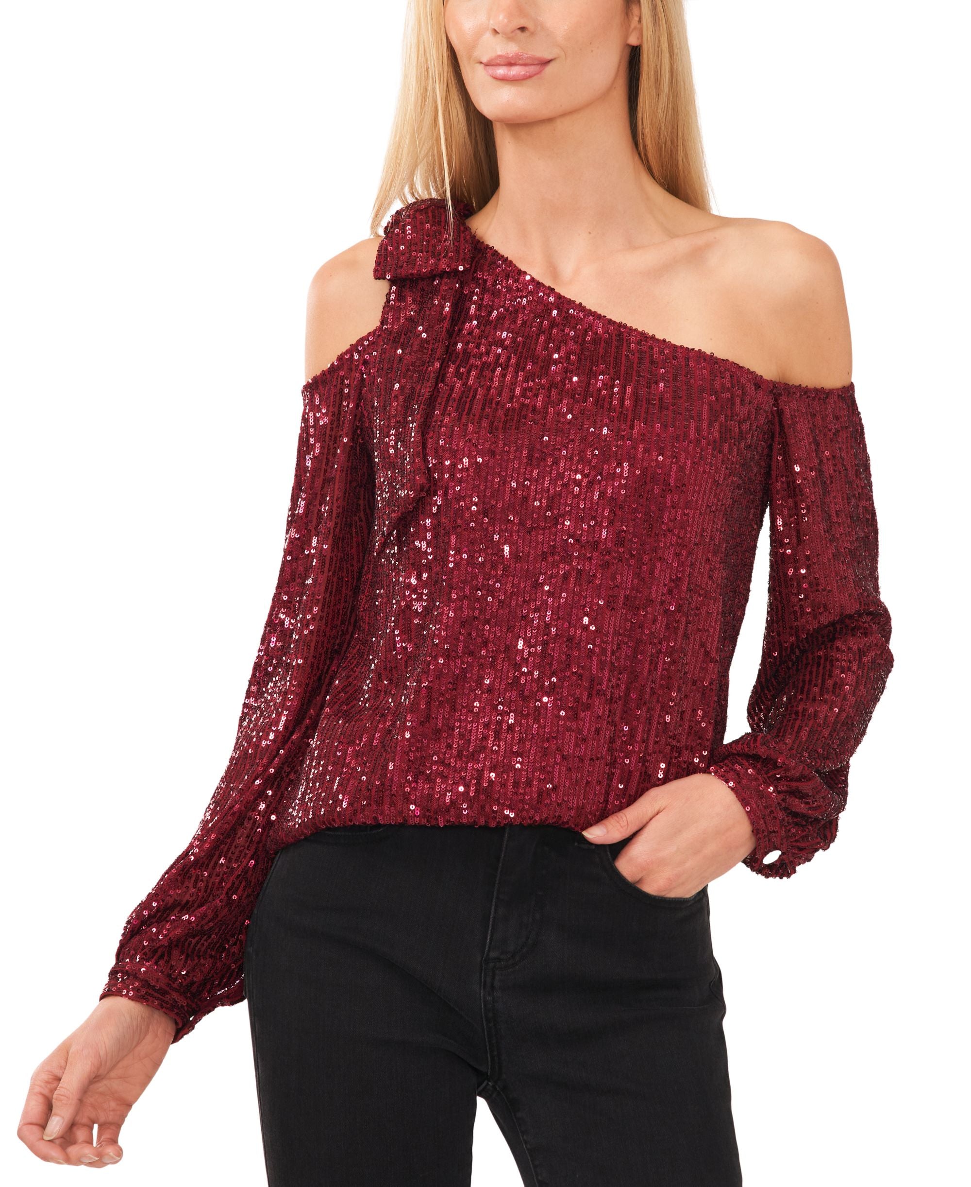 Women's Long Sleeve Sequin Bow Detail One-Shoulder Top