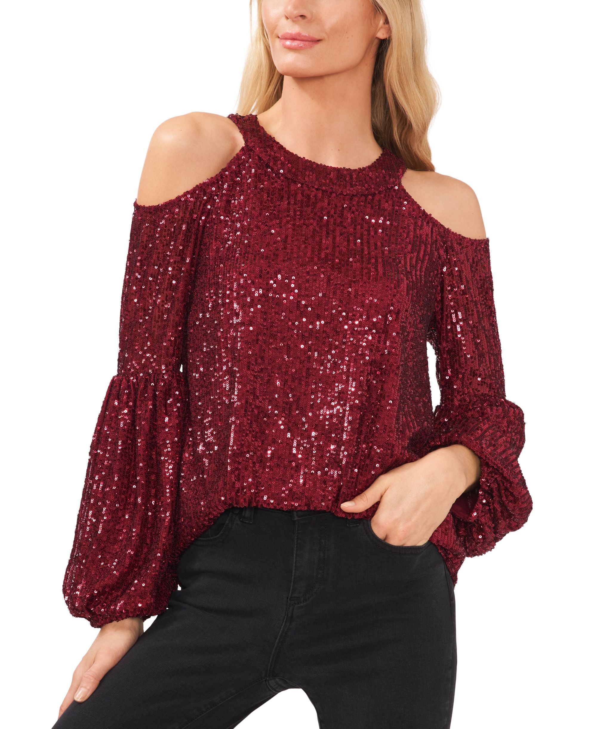 Cece Womens Sequined Cold Shoulder Blouse