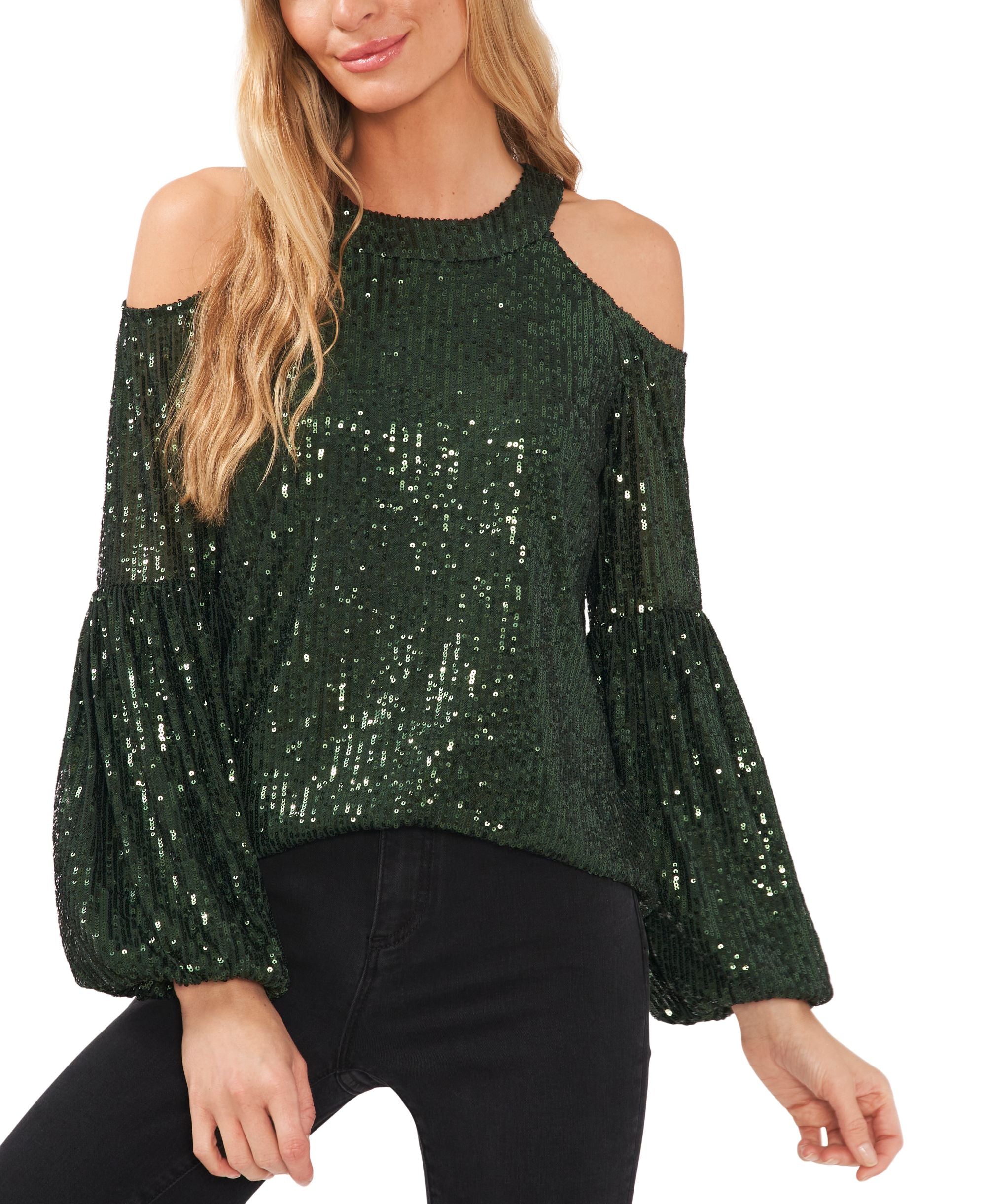 Cece Womens Sequined Cold Shoulder Blouse