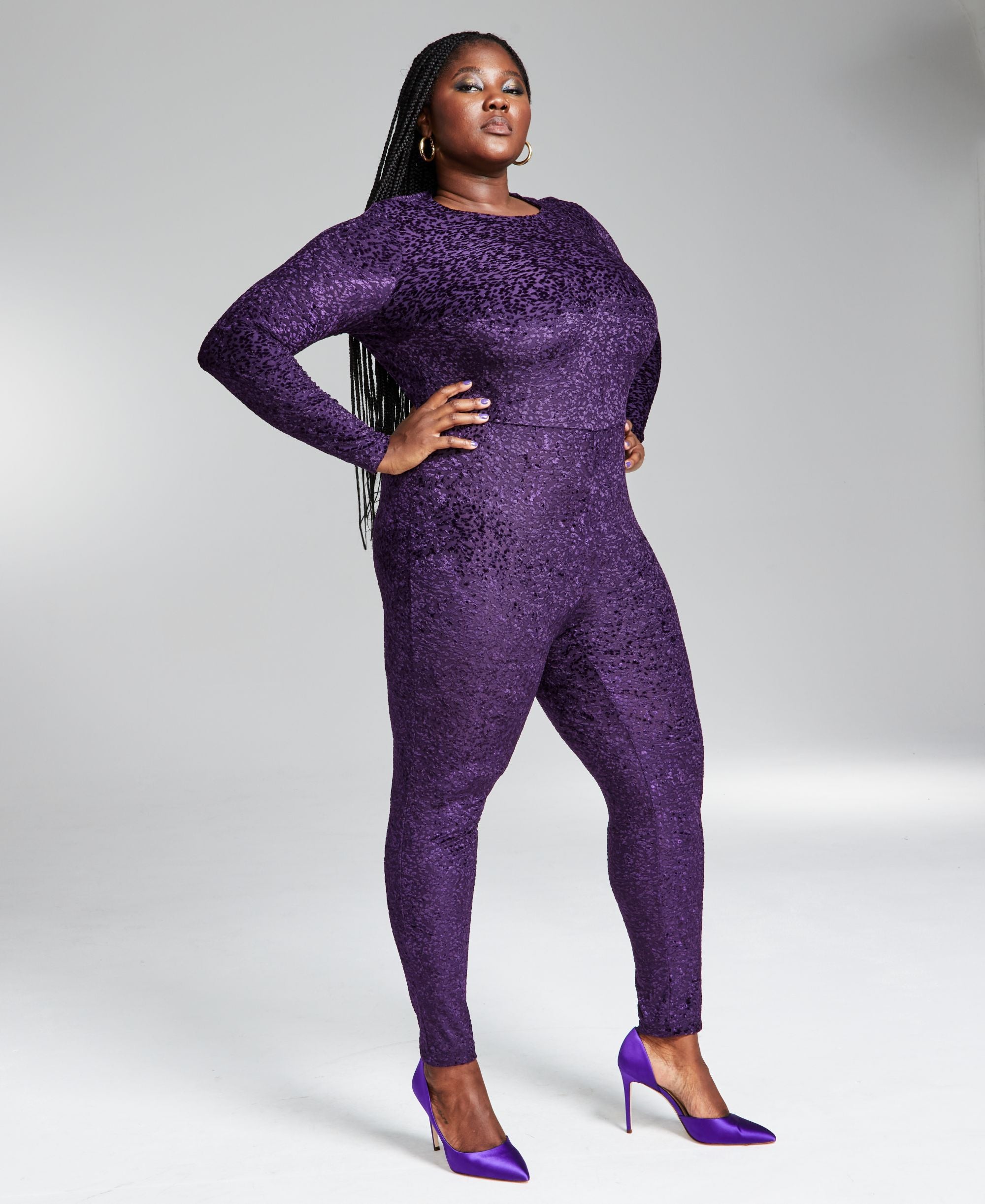 GooGoo Atkins Trendy Plus Size Textured Shimmering Long-Sleeve Cat Suit
