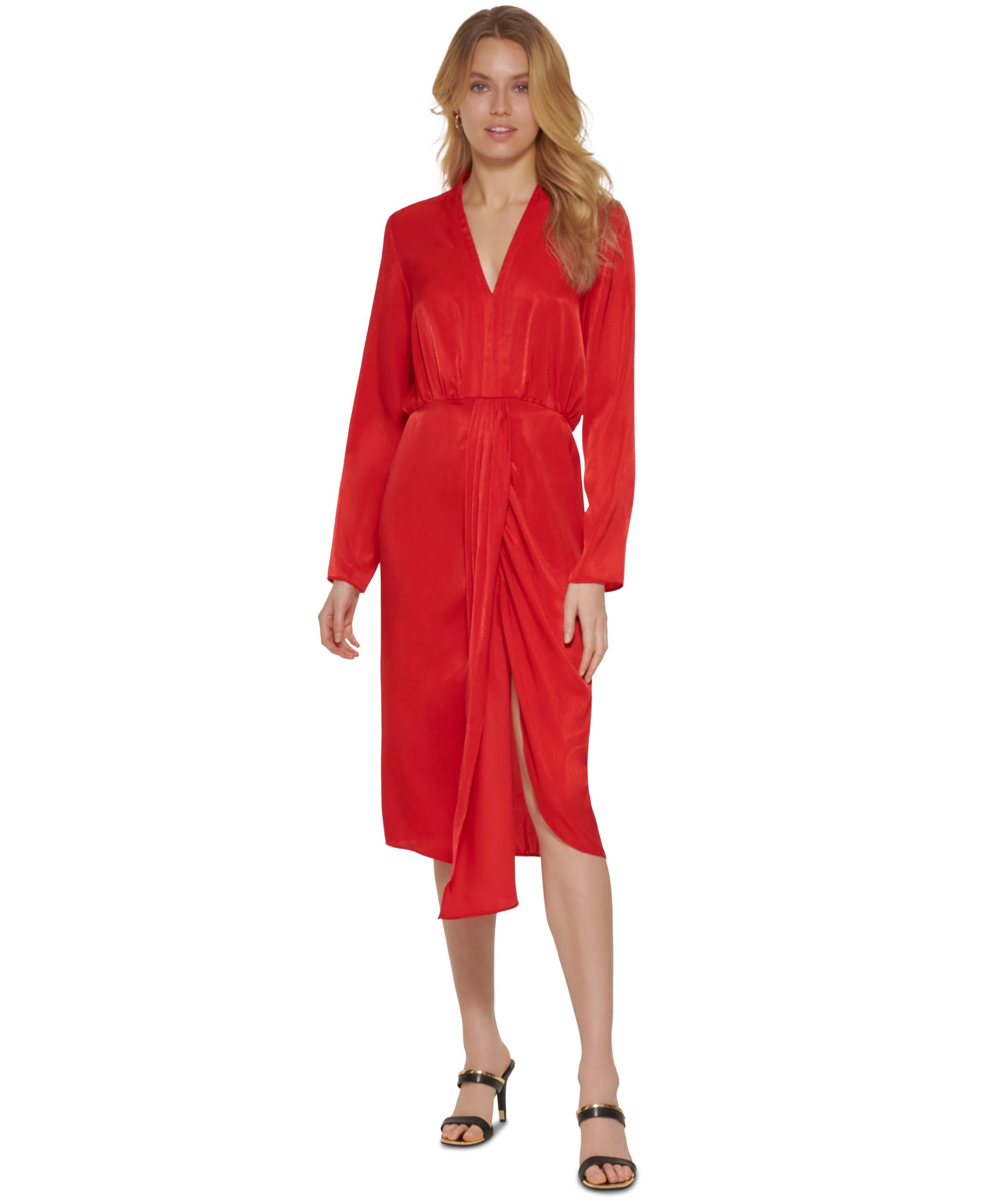 DKNY Womens Faux Wrap Long Sleeve Satin Dress
