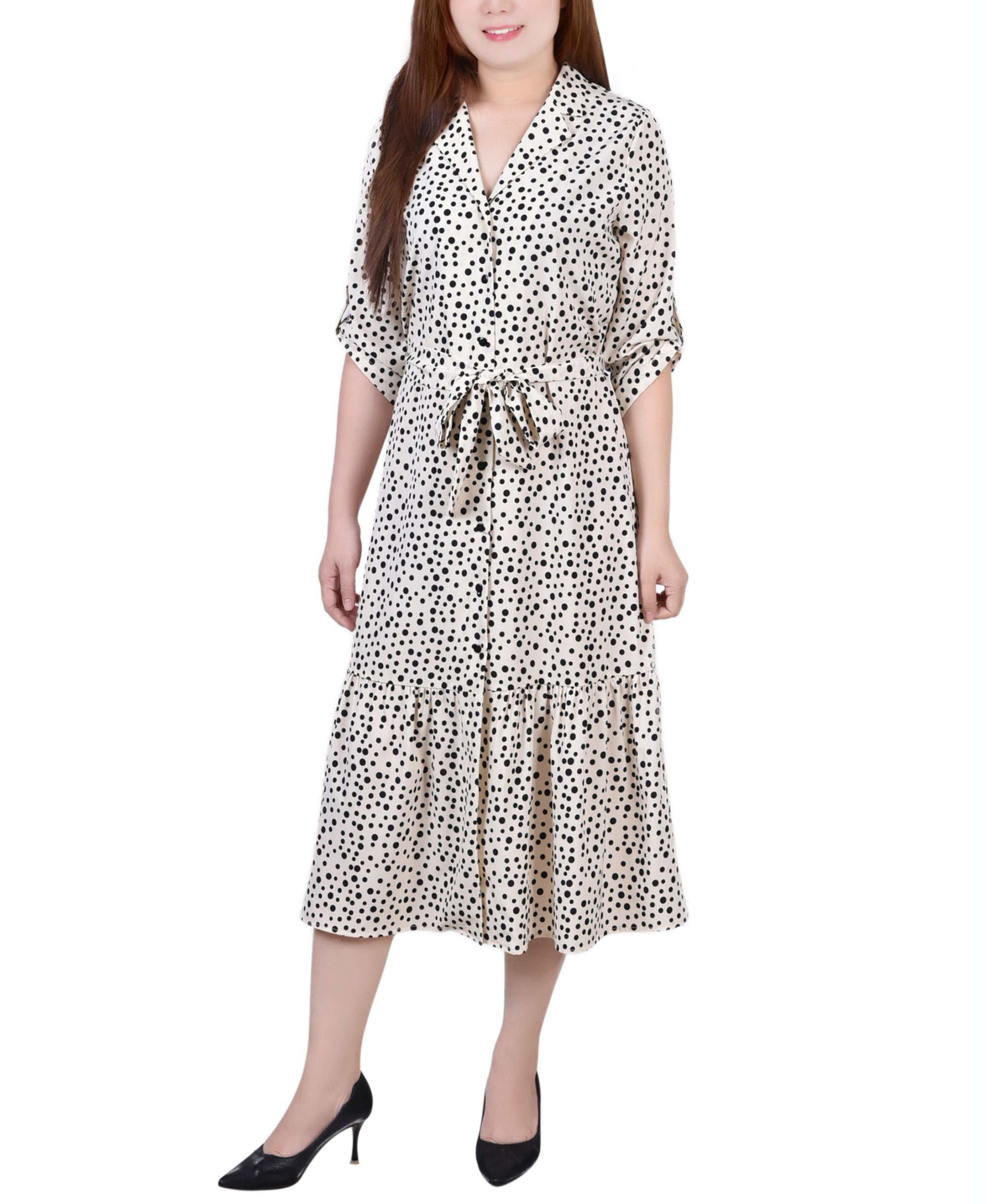 NY Collection Petite Long Sleeve Tiered Dress With Belt