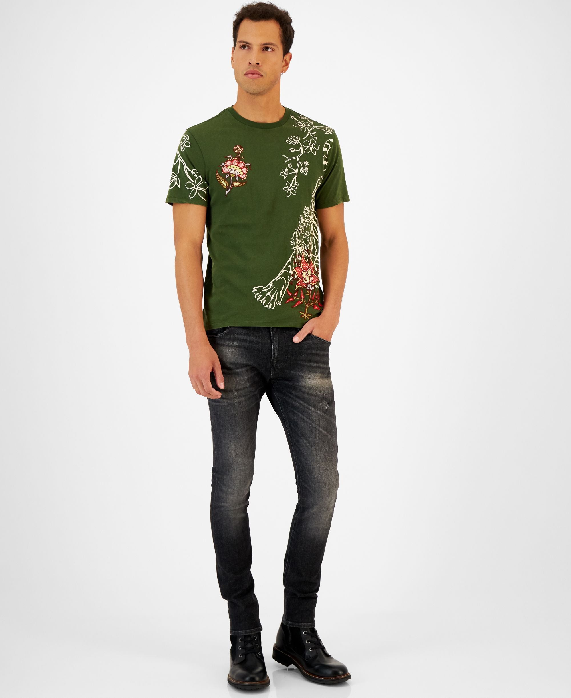 Men's Tiger Floral Embroidered Crewneck Short-Sleeve T-Shirt