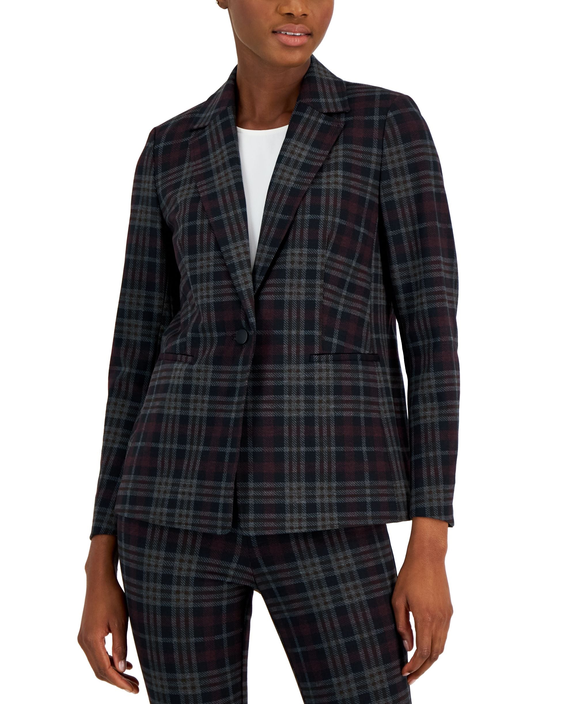 Petite Notched-Collar One-Button Plaid Blazer