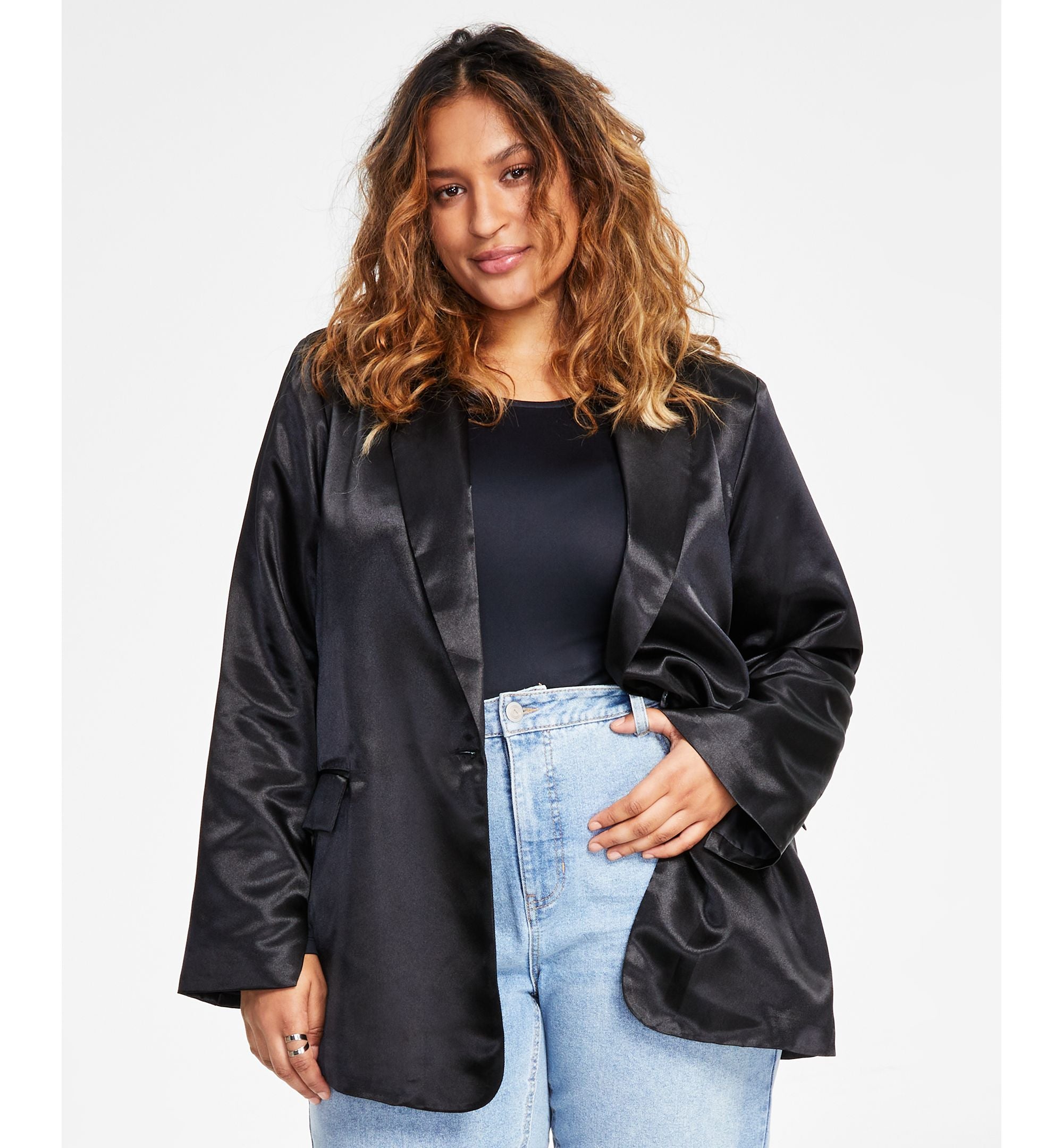 Trendy Plus Size One-Button Satin Blazer