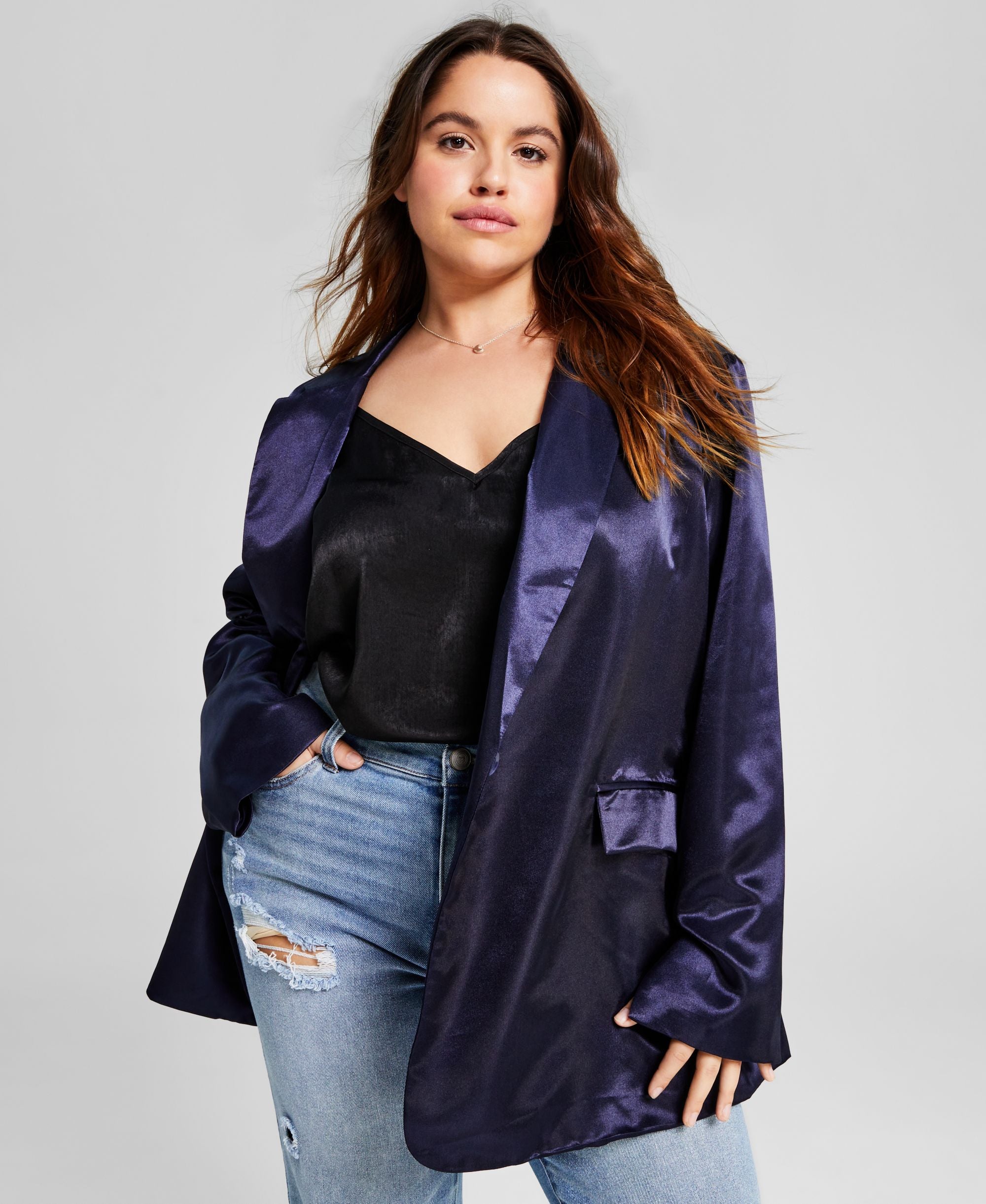 Trendy Plus Size One-Button Satin Blazer