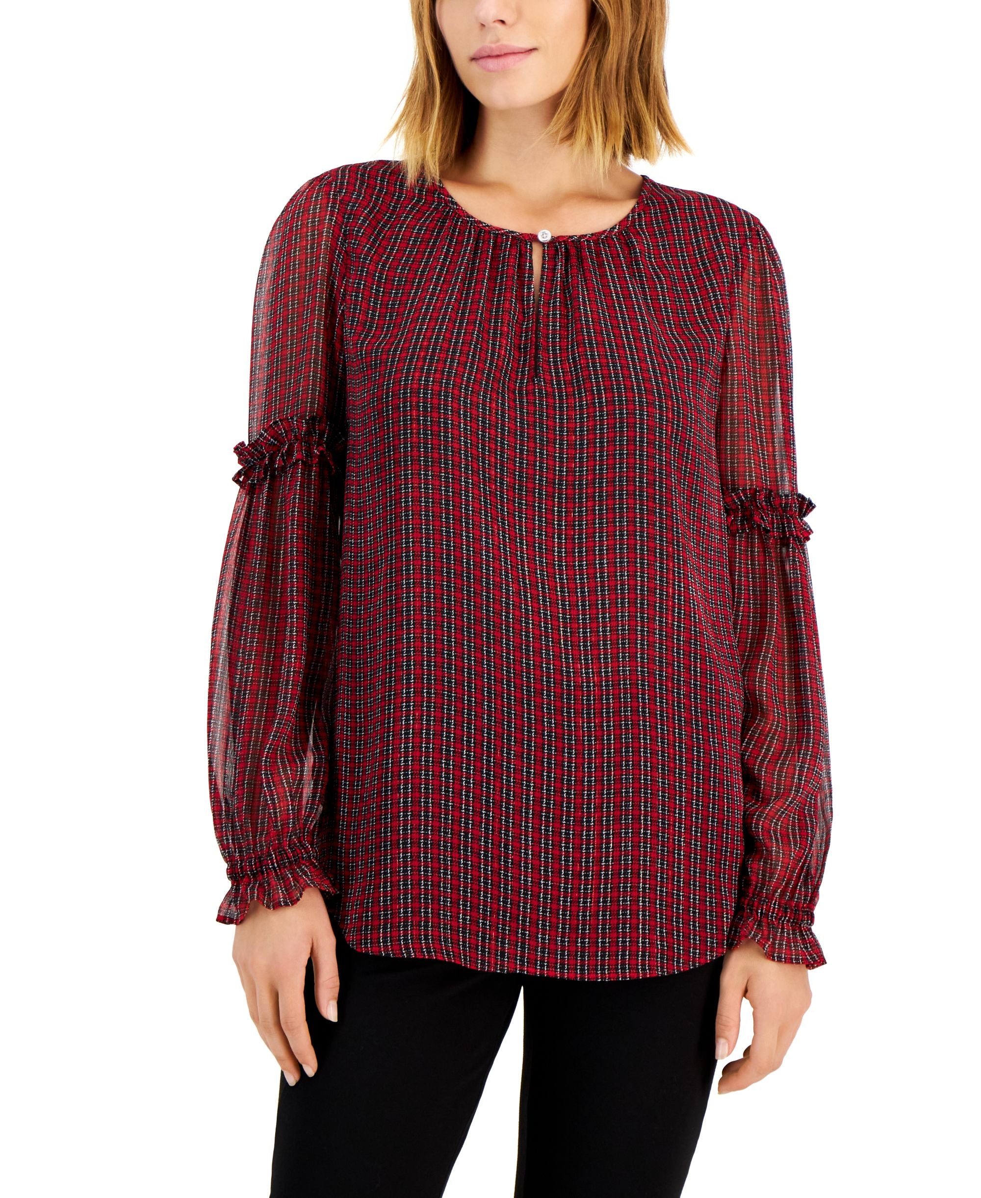 Women's Checkered Keyhole Ruffle-Sleeve Top