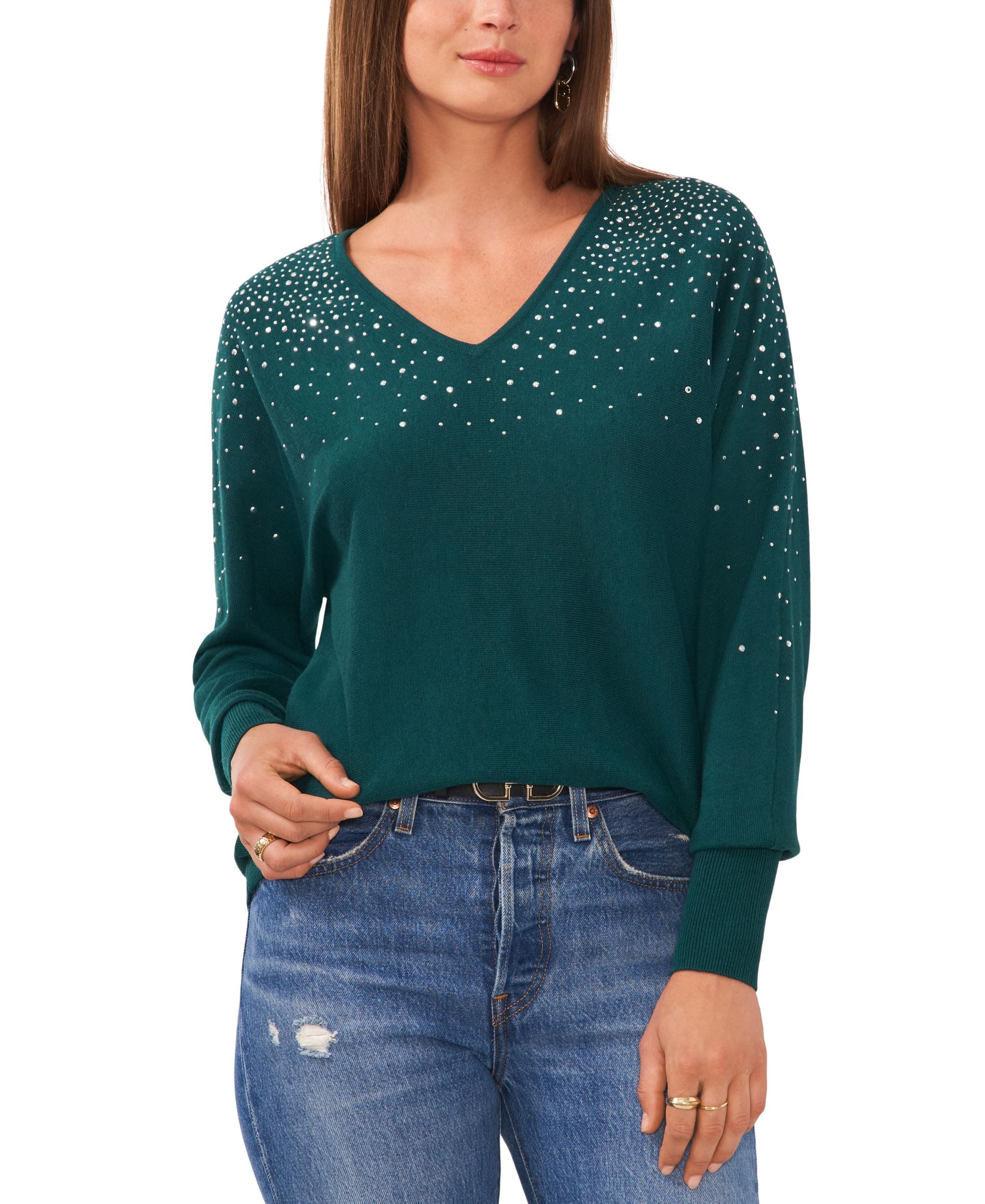 Women's V-Neck Embellished Long-Sleeve Sweater