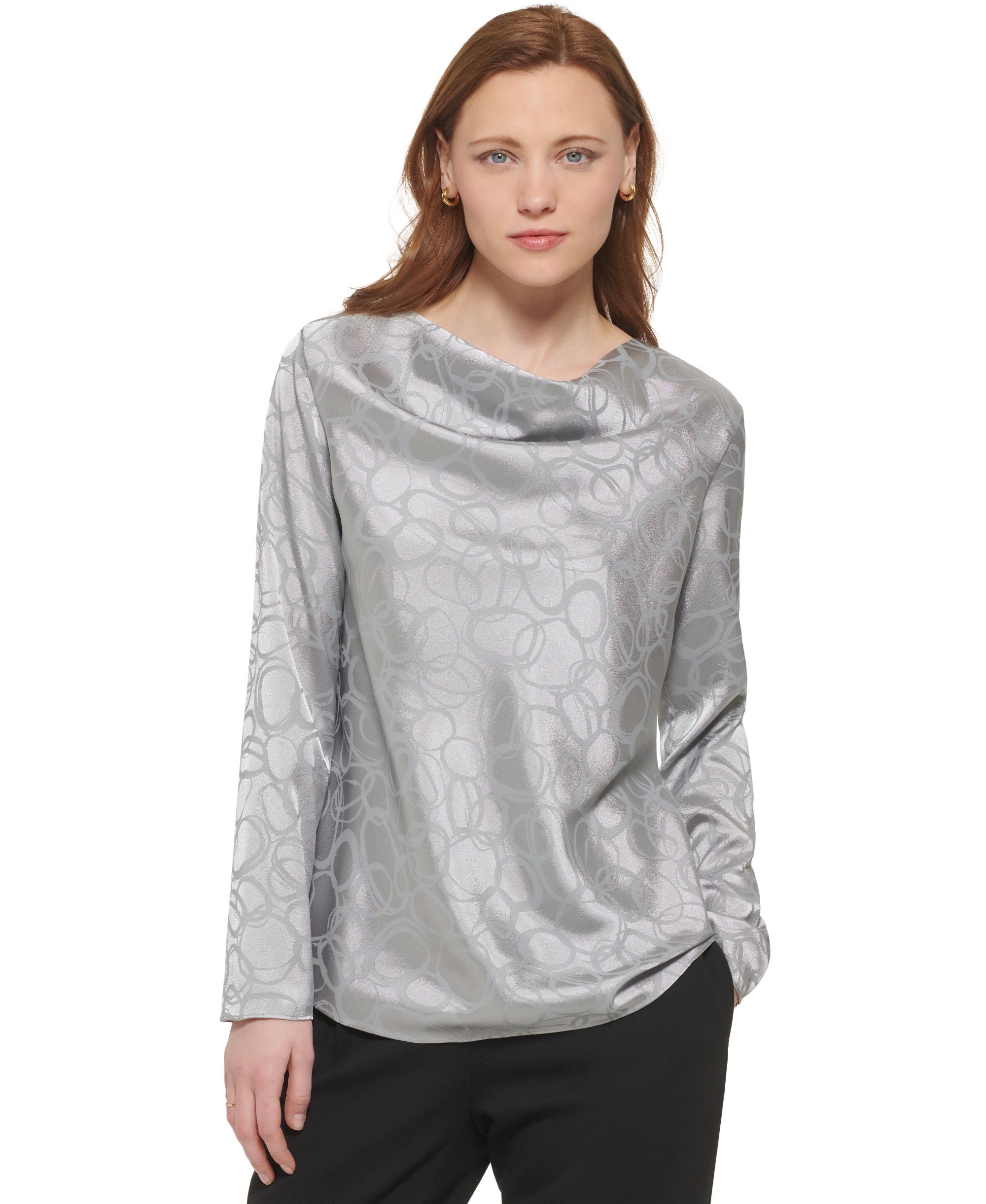 Calvin Klein Womens Long Sleeve Jacquard Cowl Neck Blouse