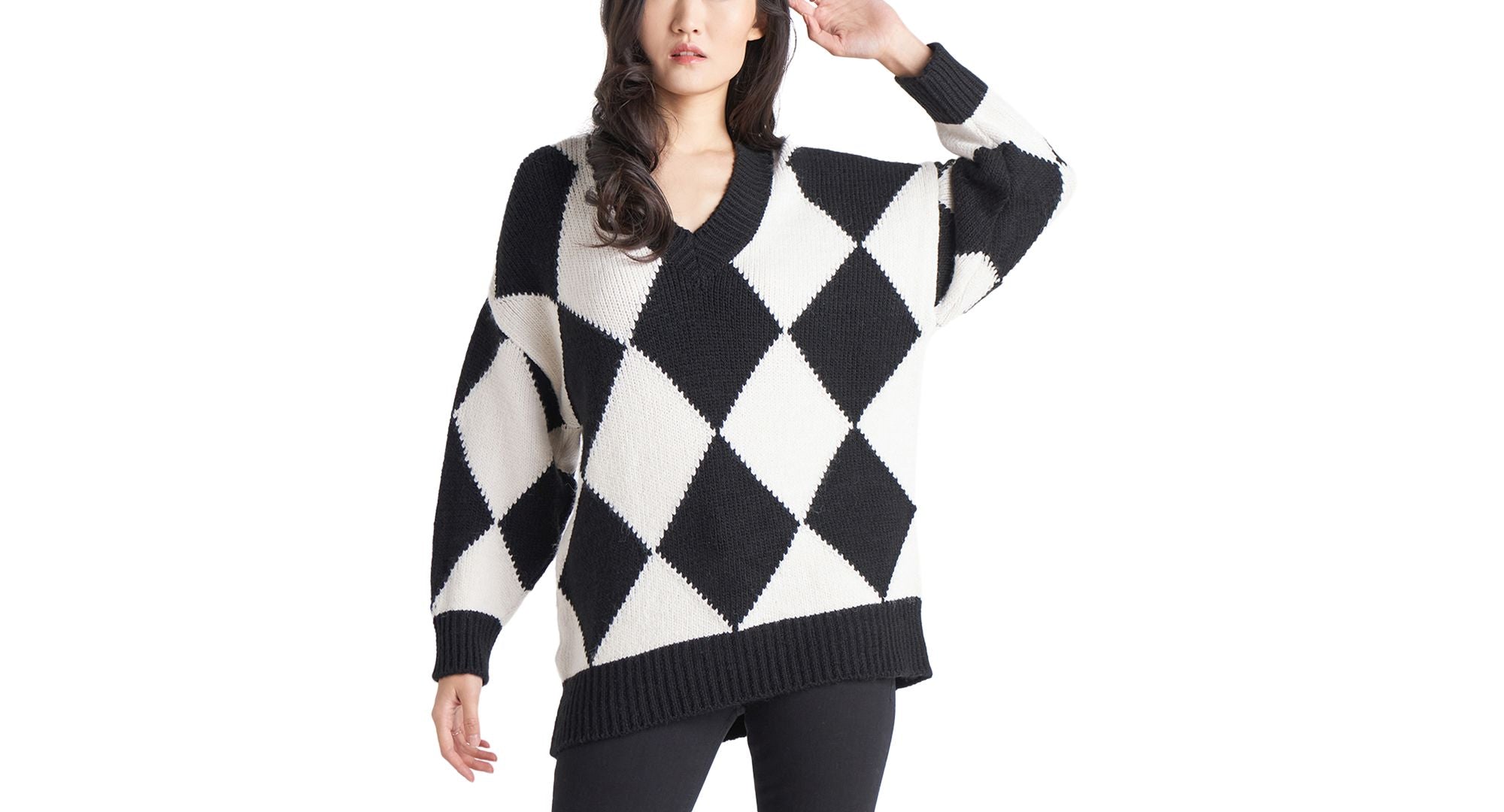 Women's Checkered-Knit Long-Sleeve Sweater