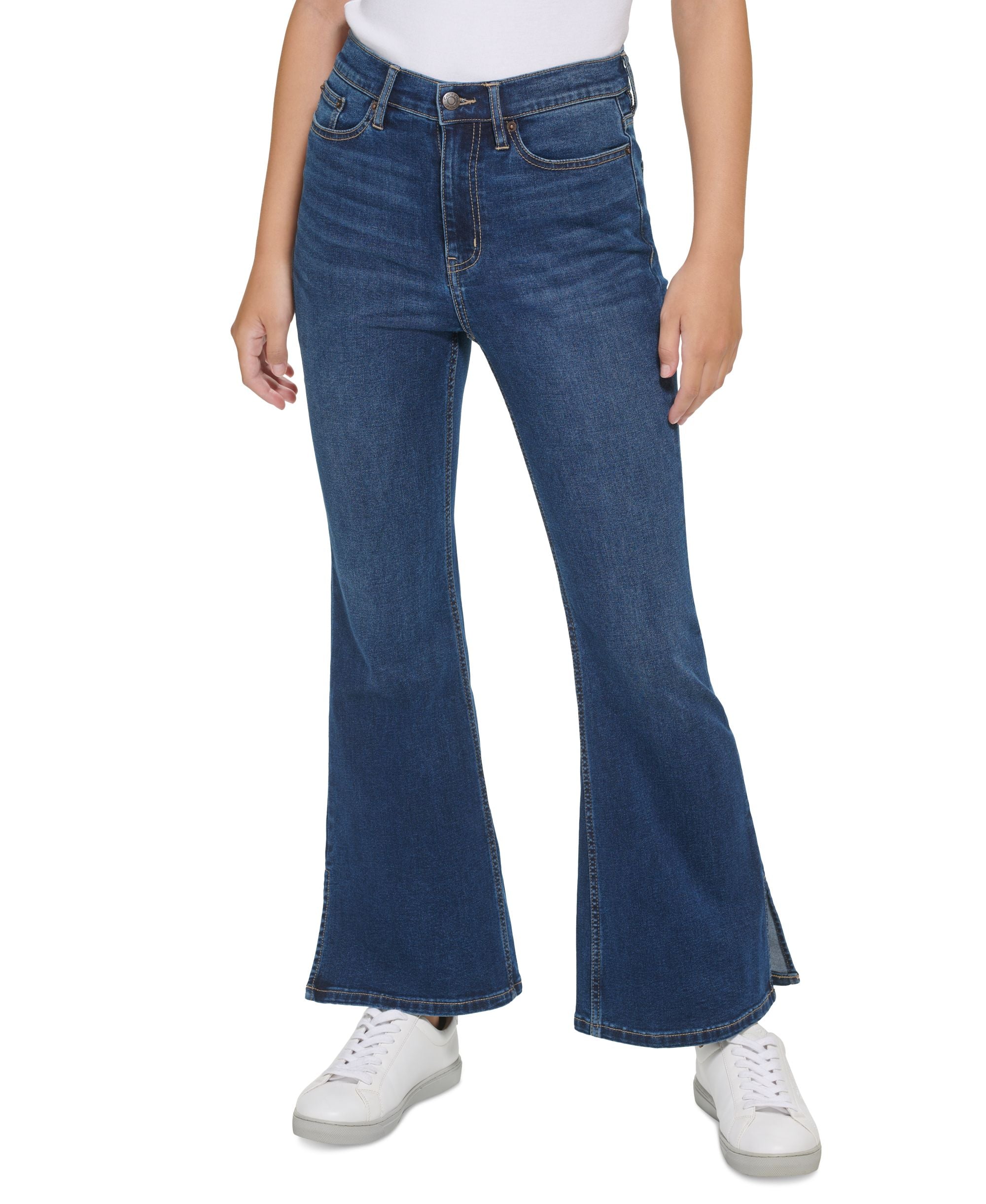 Petite Slit-Cuff Flare-Leg Denim Jeans