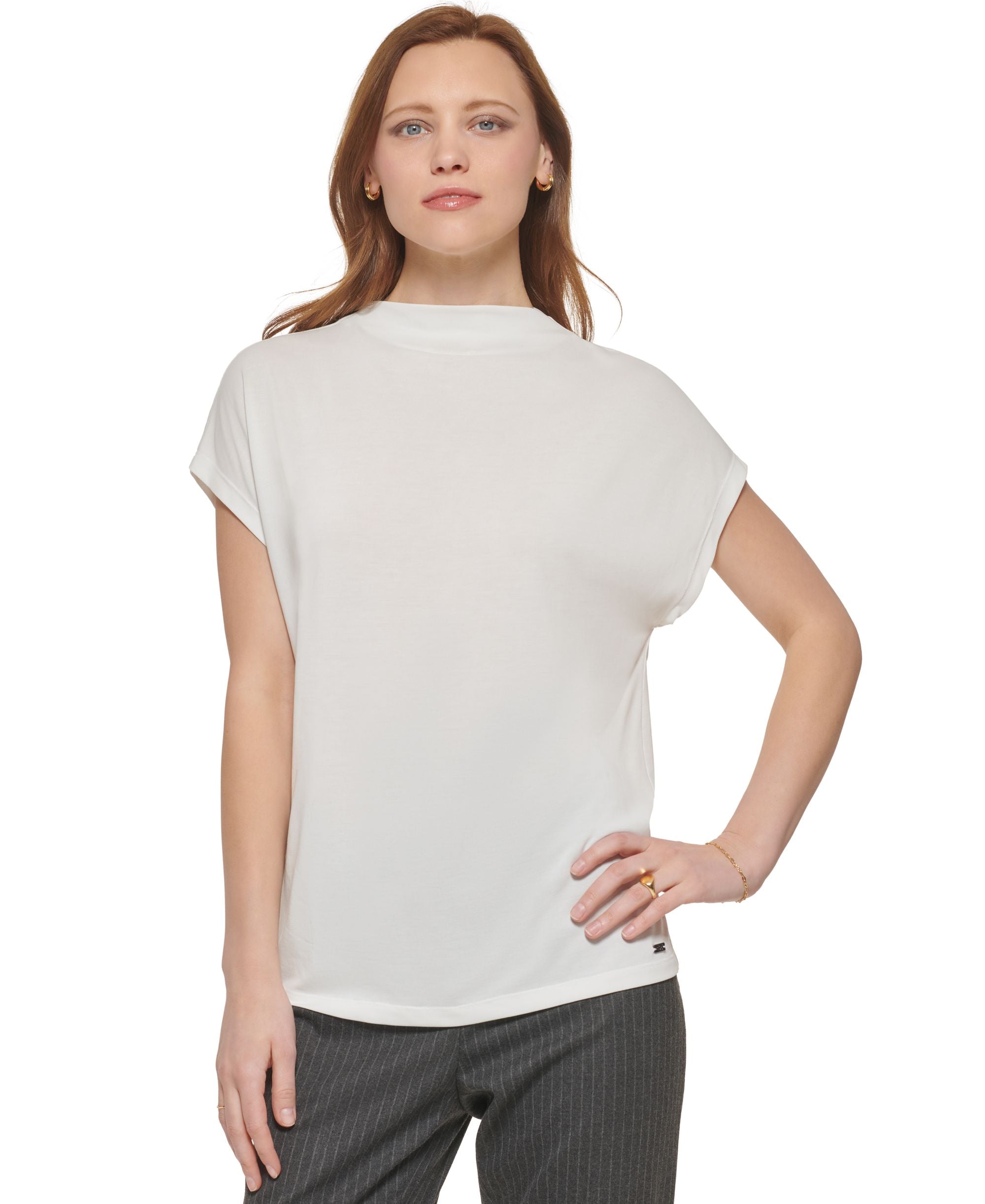 Calvin Klein Womens Cap Sleeve Mock Neck Top