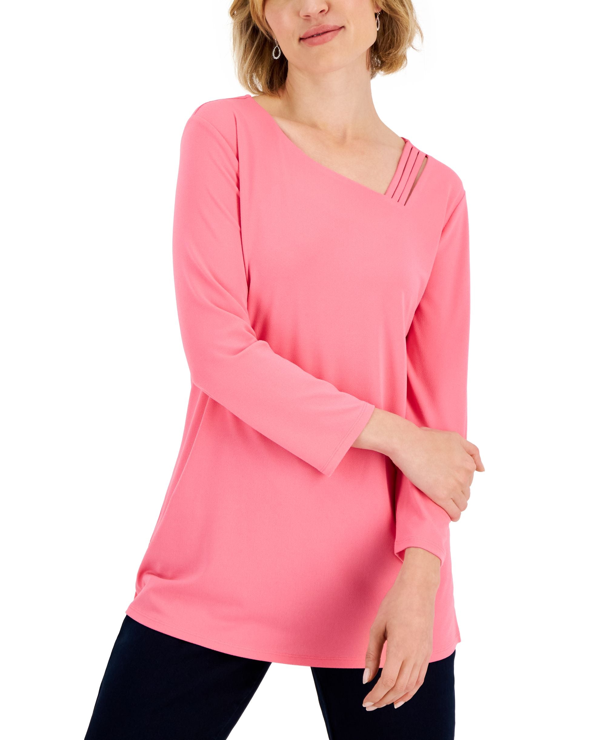 Women's Asymmetrical-Neck Lattice-Trim Top