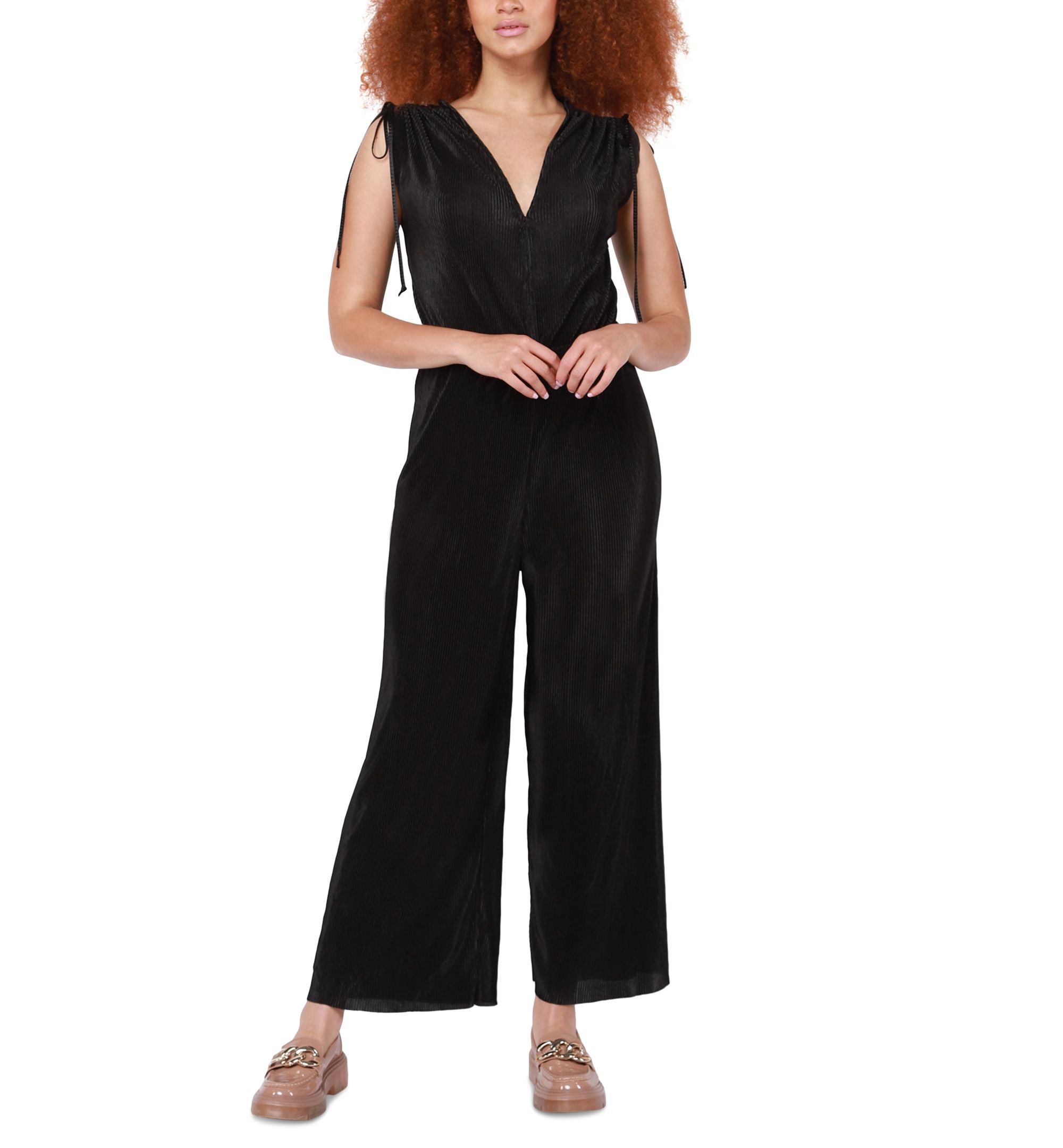 Women's Pleated V-Neck Wide-Leg Jumpsuit