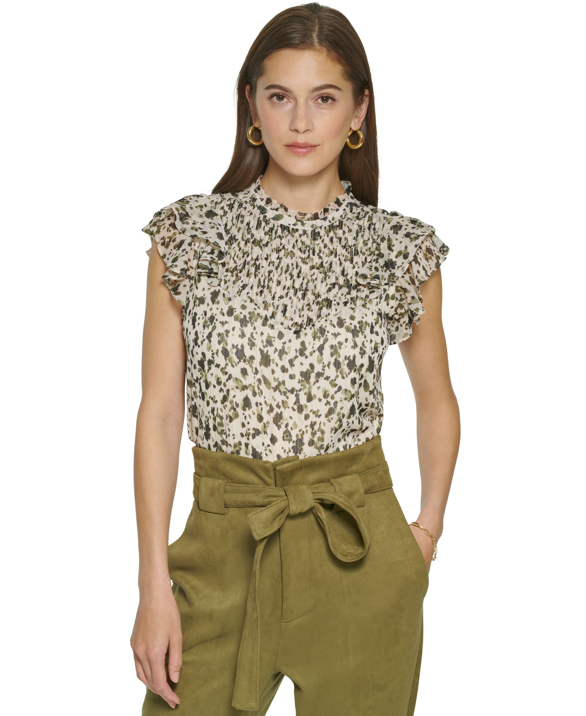 Women's Printed Flutter-Sleeve Mock-Neck Top