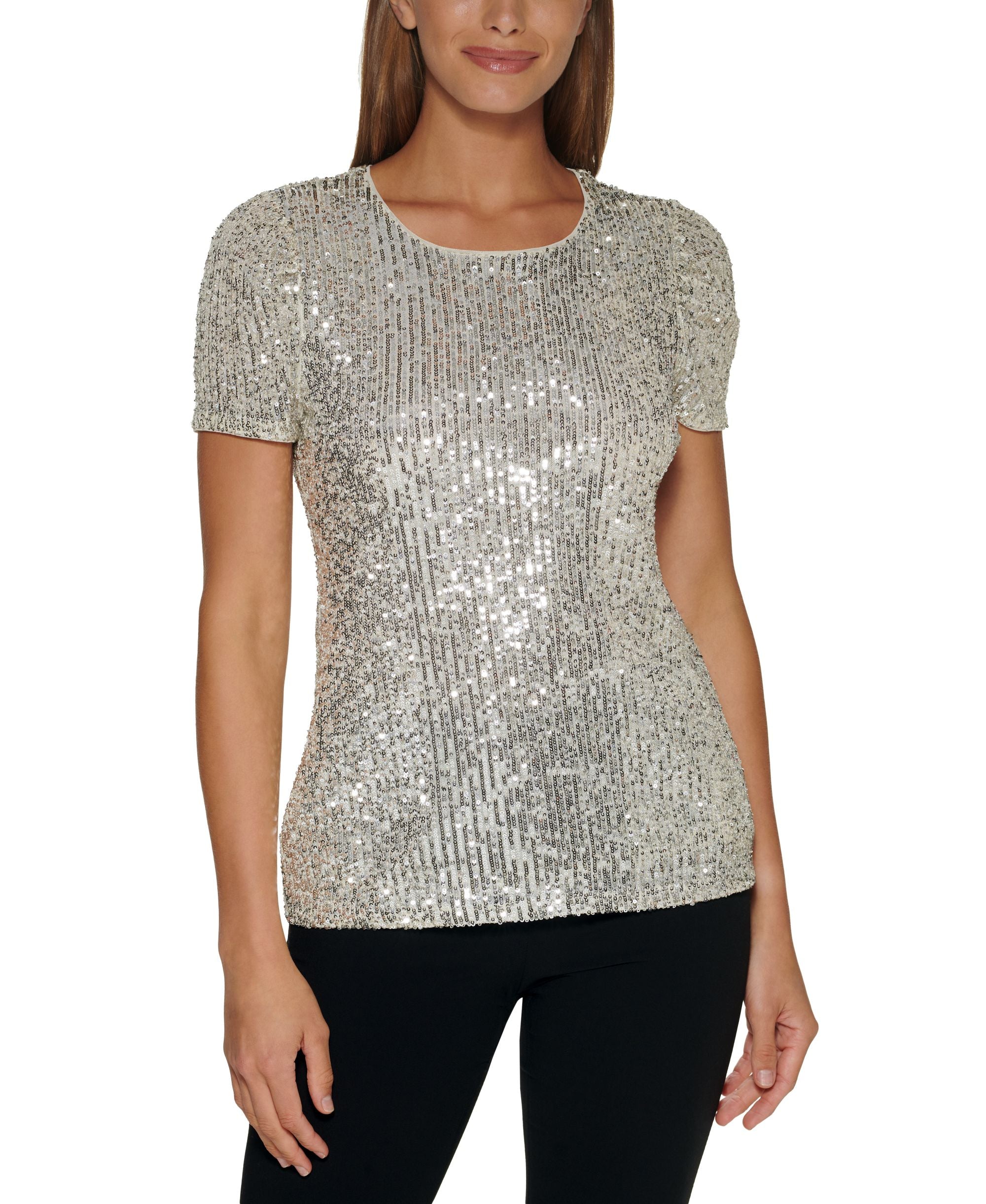 Women's Sequined Short-Sleeve Crewneck Blouse