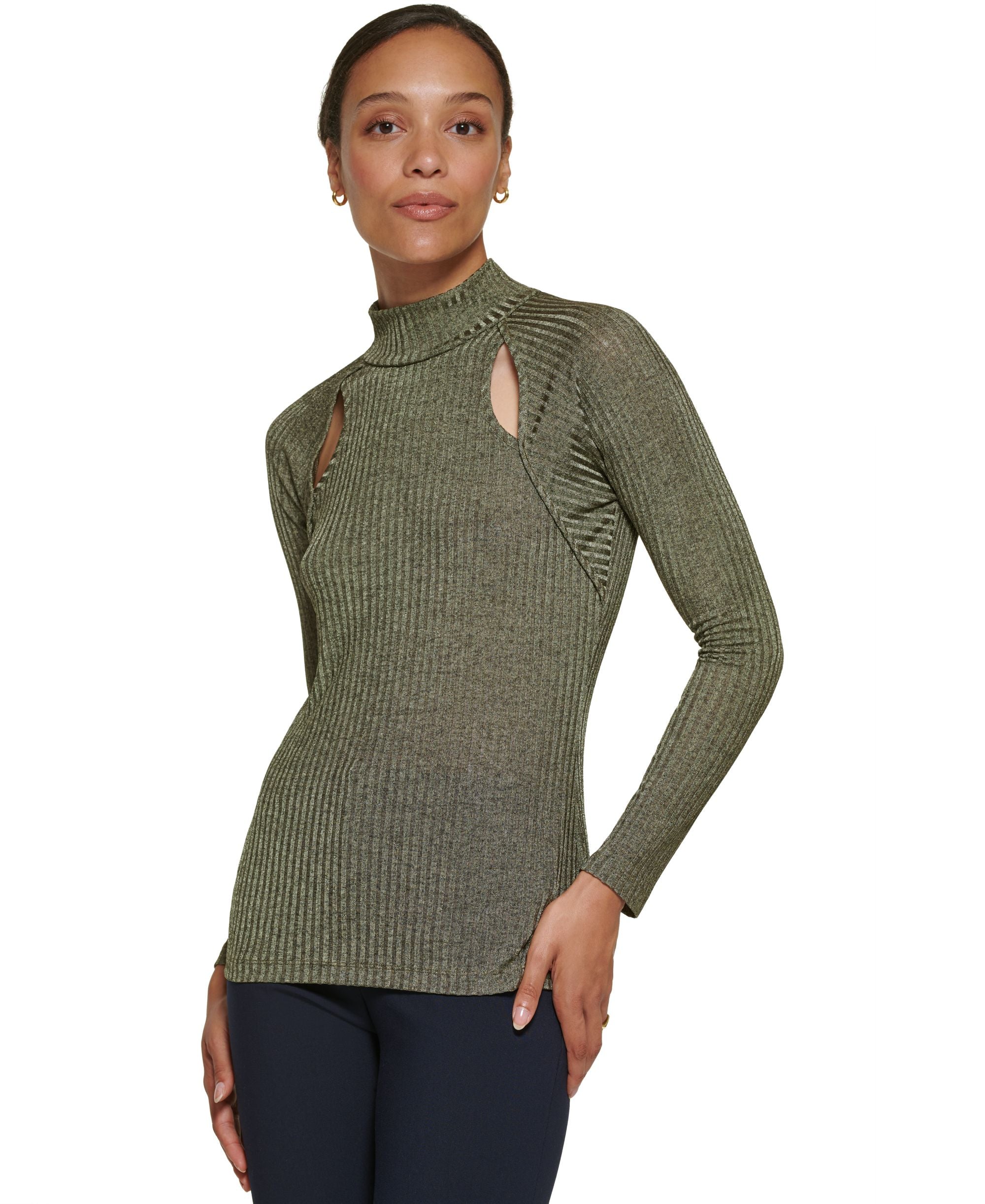 Women's Ribbed Long-Sleeve Cut-Out Sweater Top
