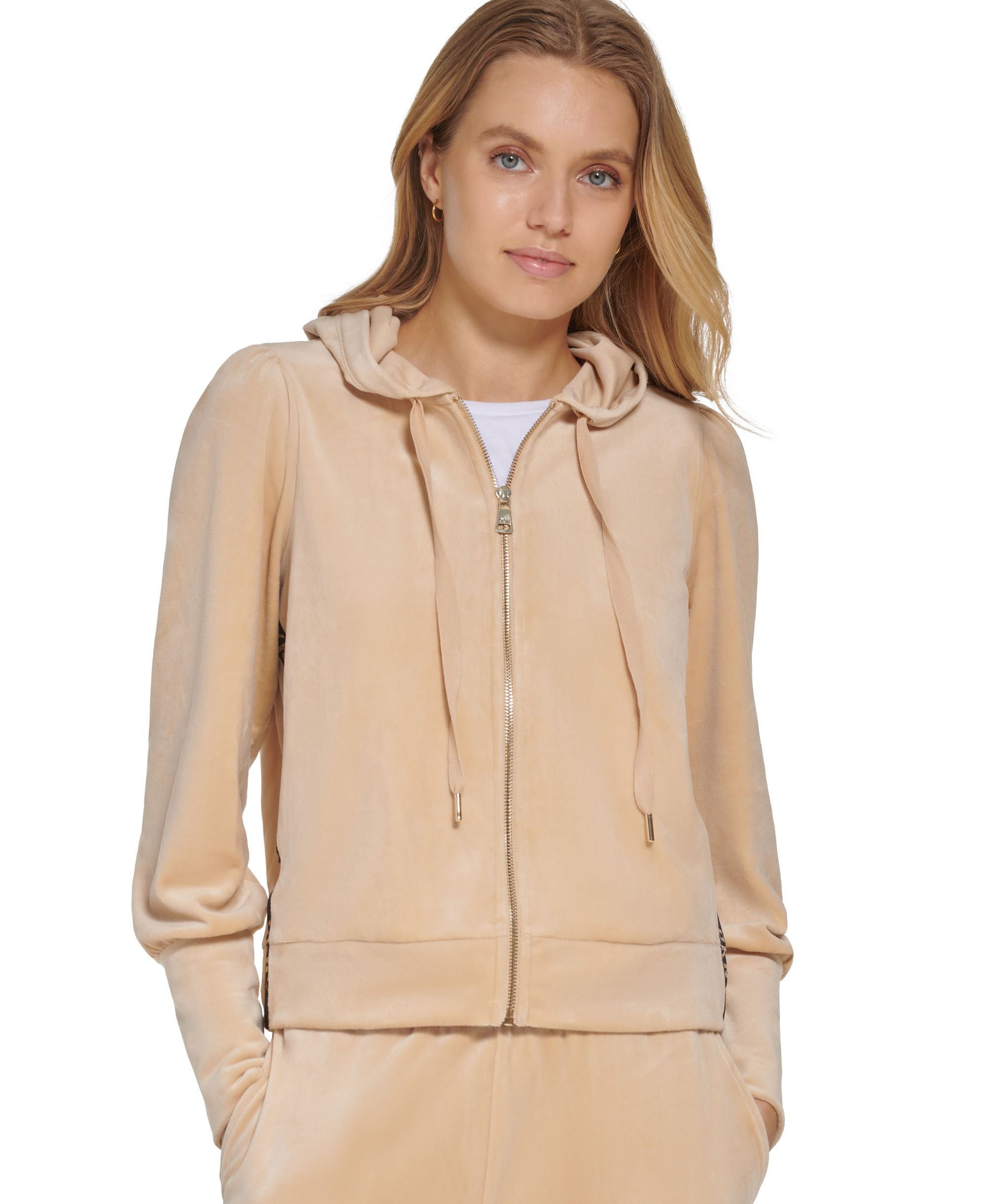 Women's Velour Logo-Tape Zip-Front Hoodie