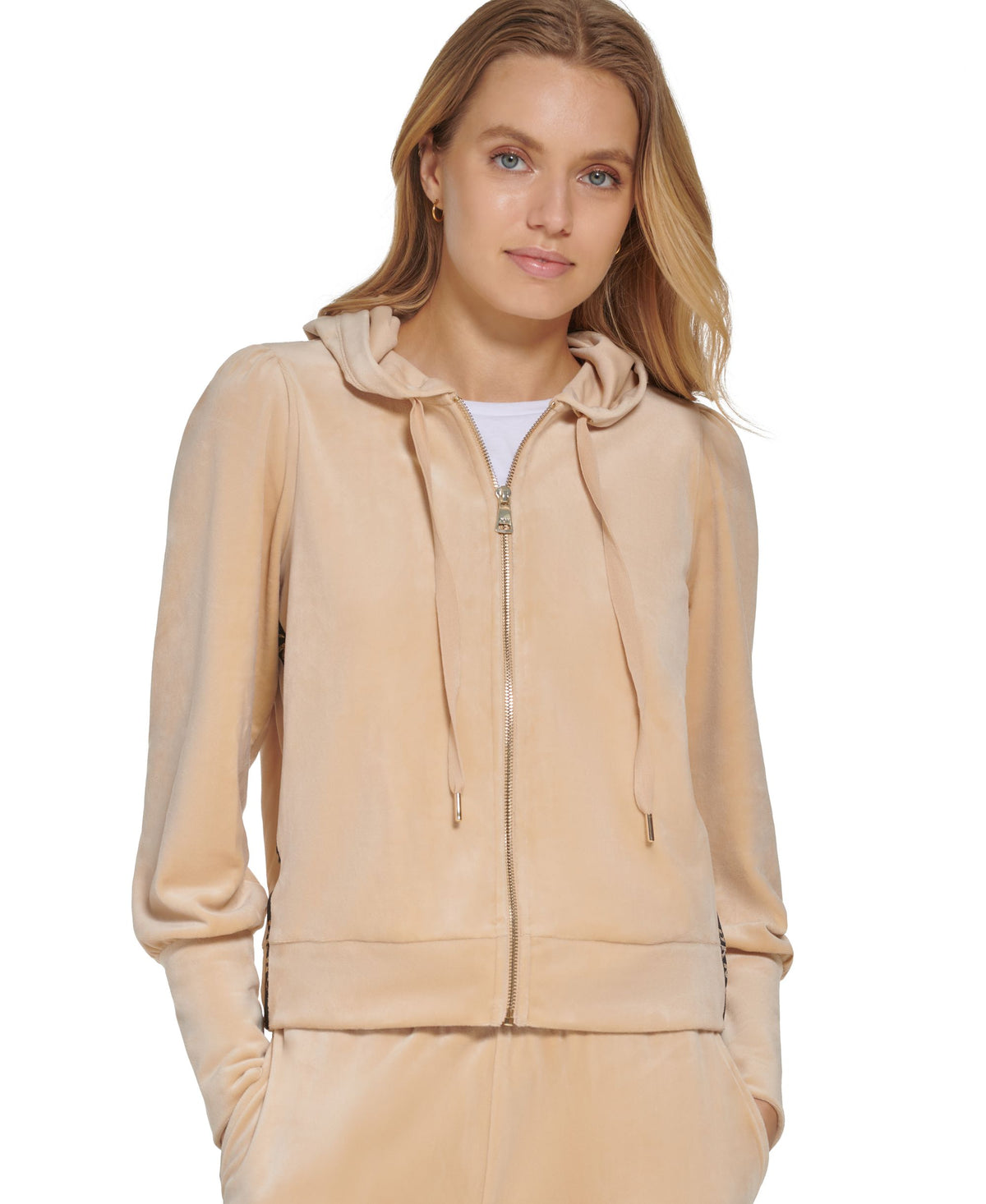 Women's Velour Logo-Tape Zip-Front Hoodie