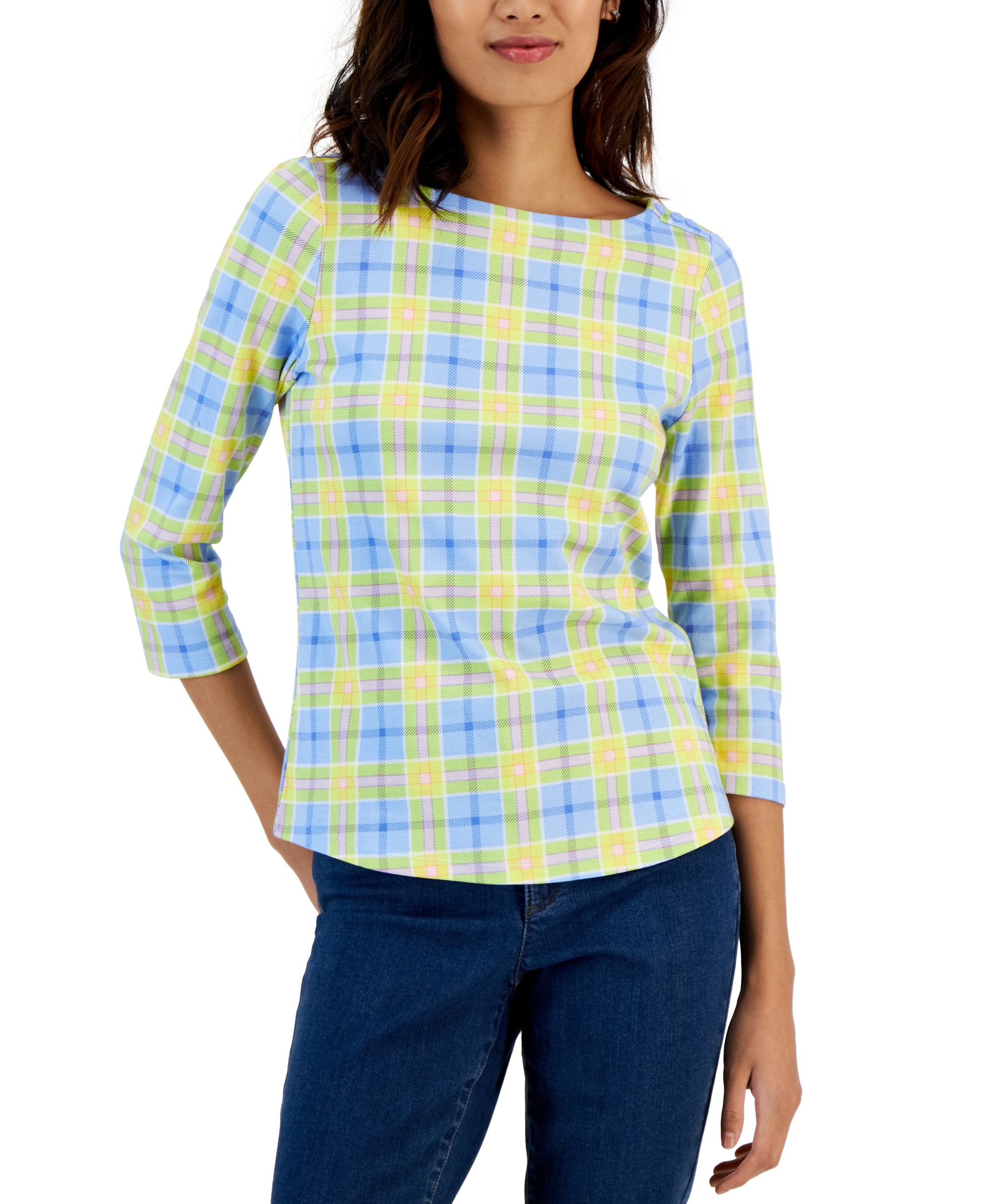 Petite Plaid Boat-Neck 3/4-Sleeve Top