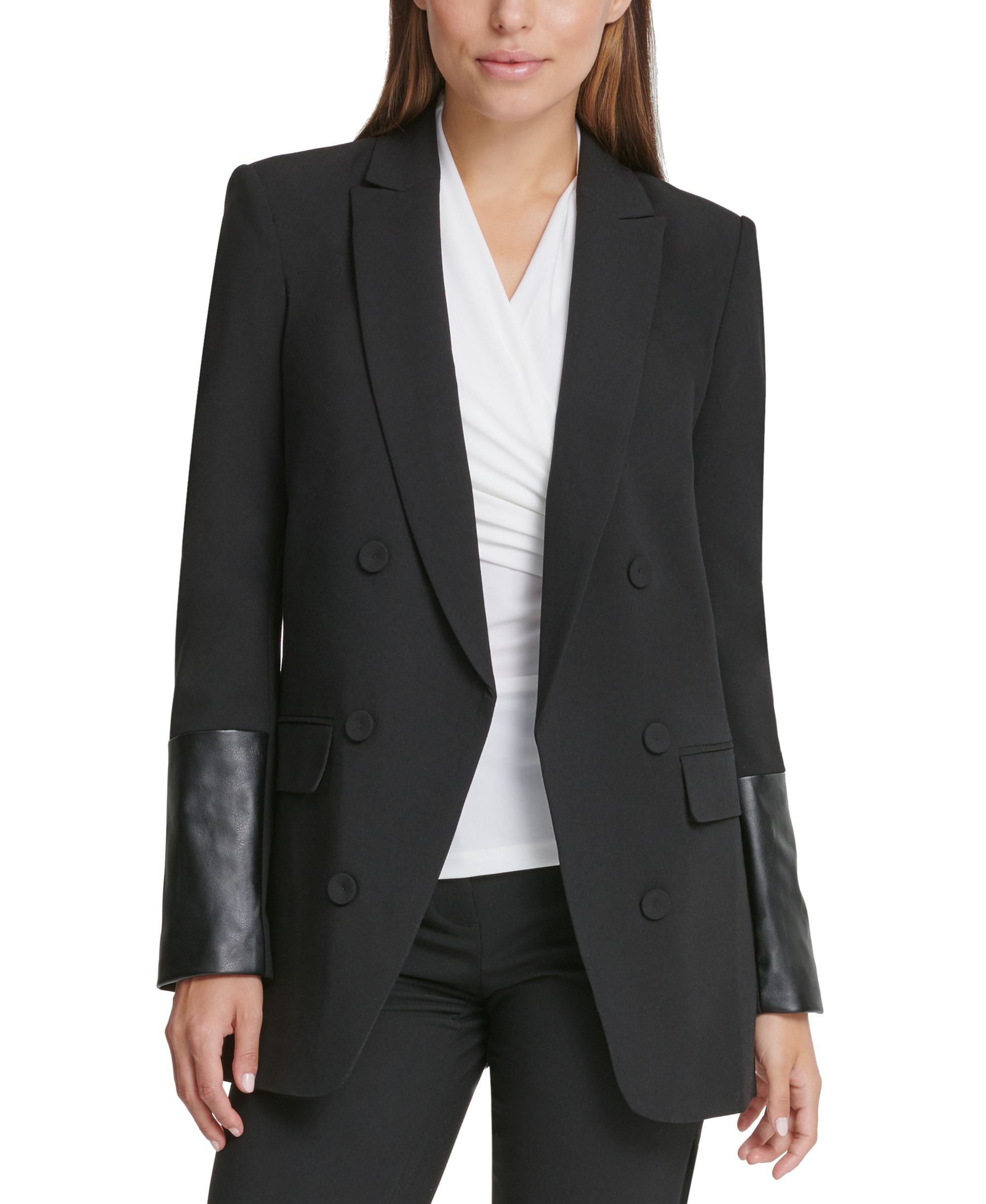 Petite Mixed-Media-Sleeve Open-Front Peak-Collar Blazer