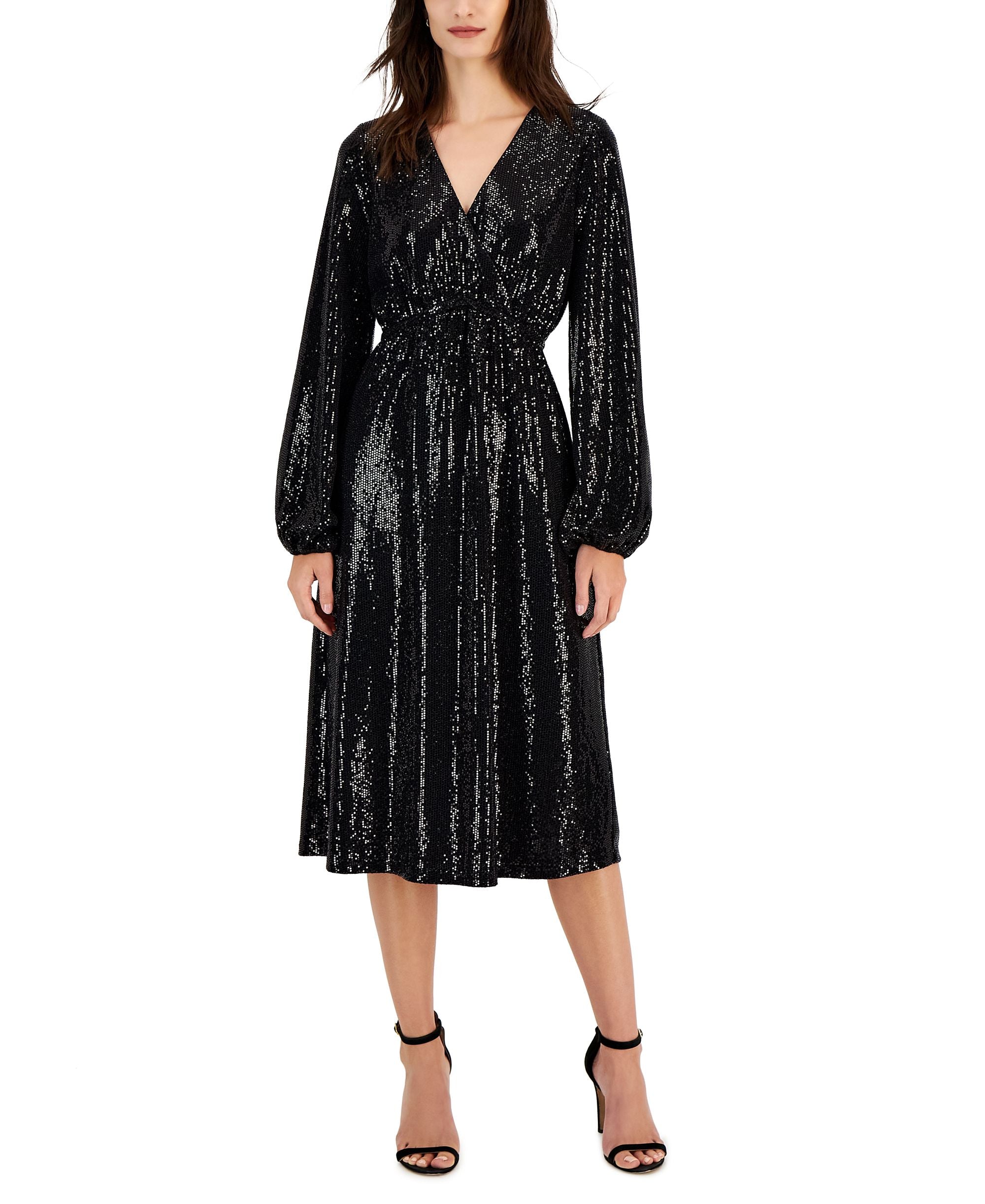 T Tahari Womens Faux Wrap Sequin Midi Dress
