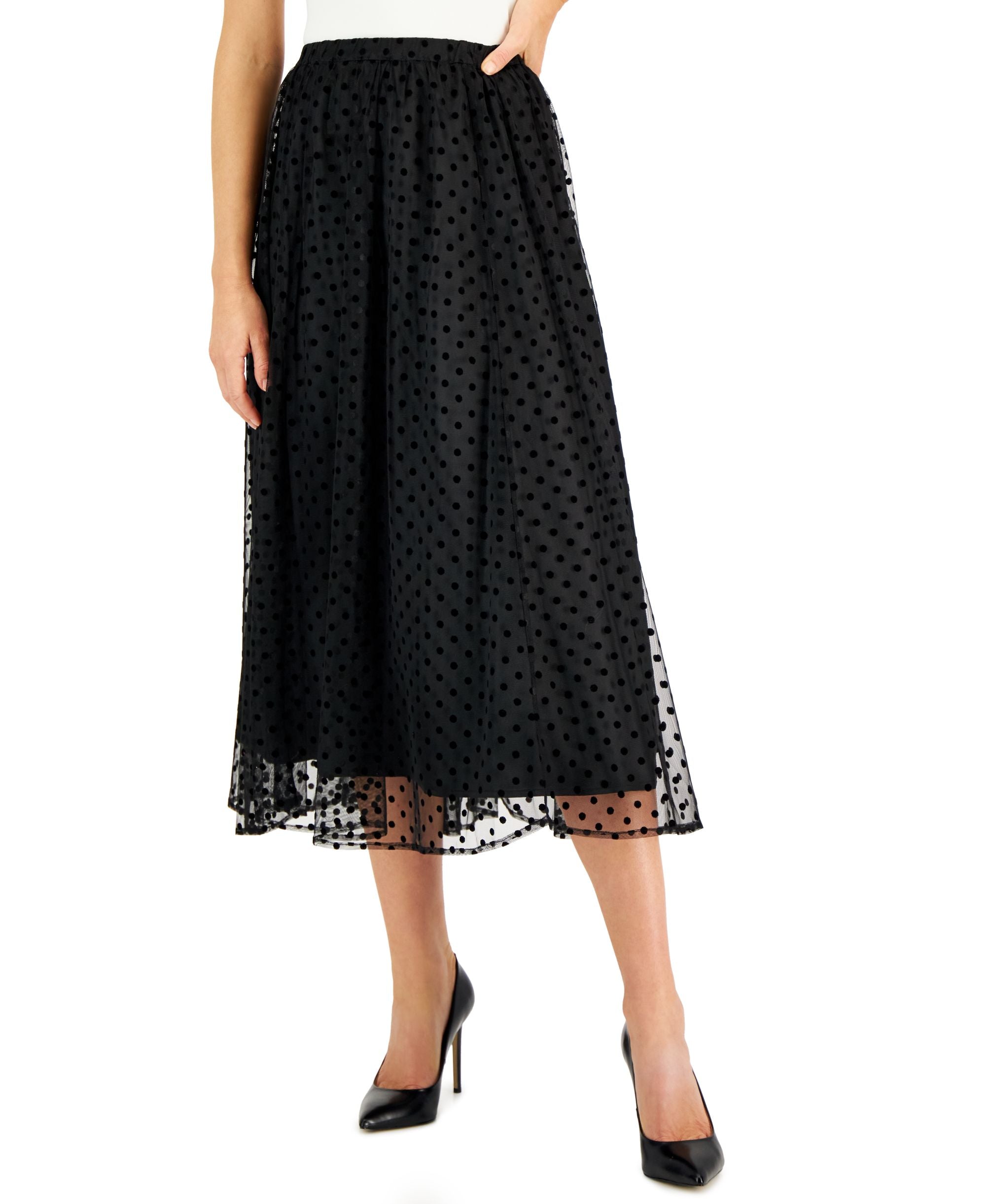 Petite Jacquard-Dot Pull-On Shirred Mesh Skirt