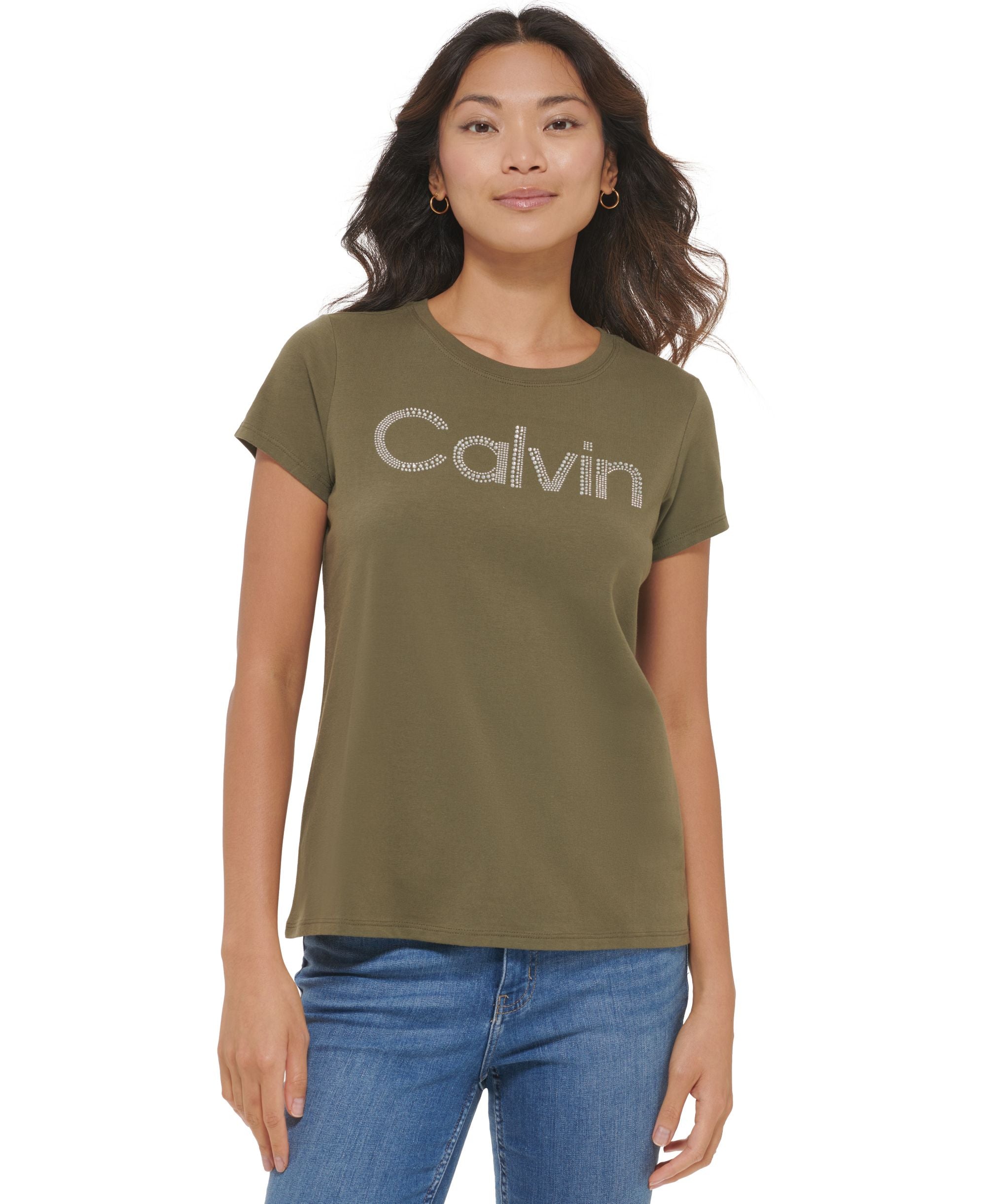 Calvin Klein Womens Short Sleeve Crystal Logo Tee
