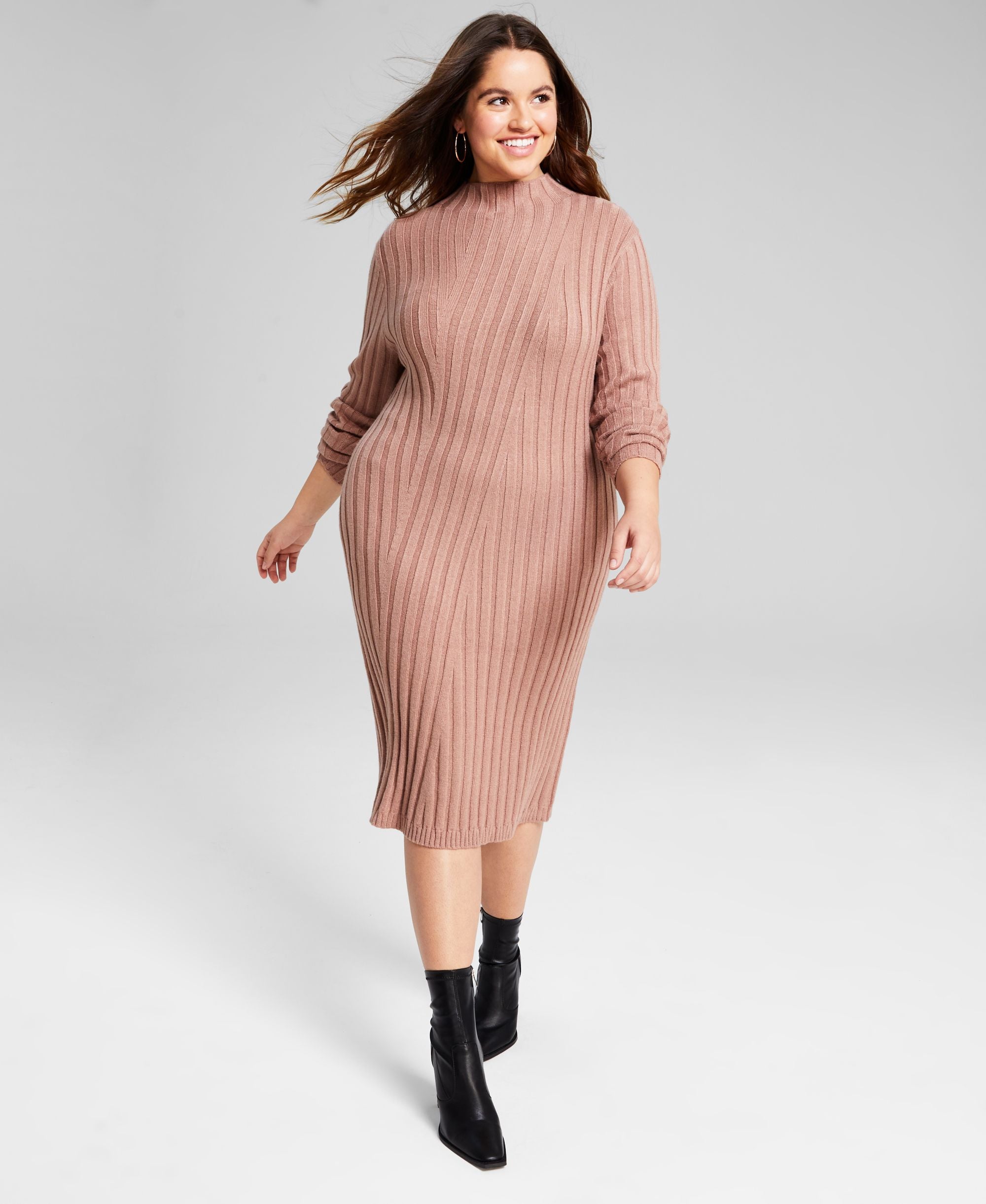 Trendy Plus Size Directional Rib Knit Mock Neck Sweater Dress