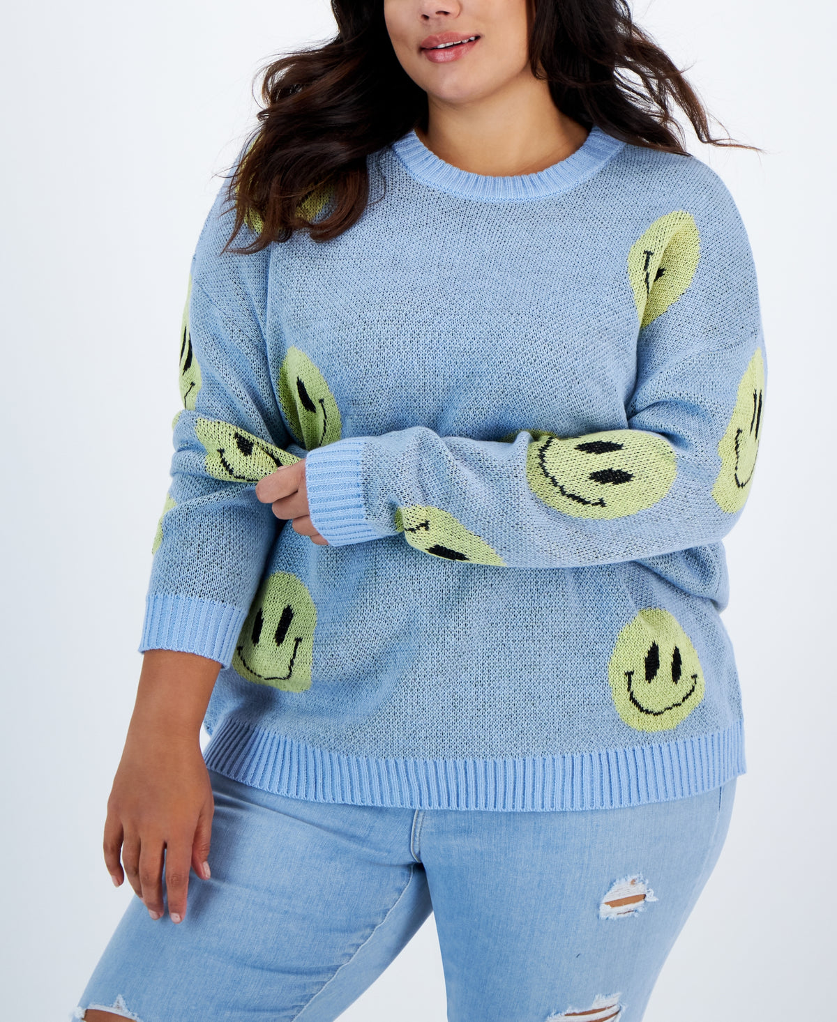 Trendy Plus Size Smiley Crewneck Sweater
