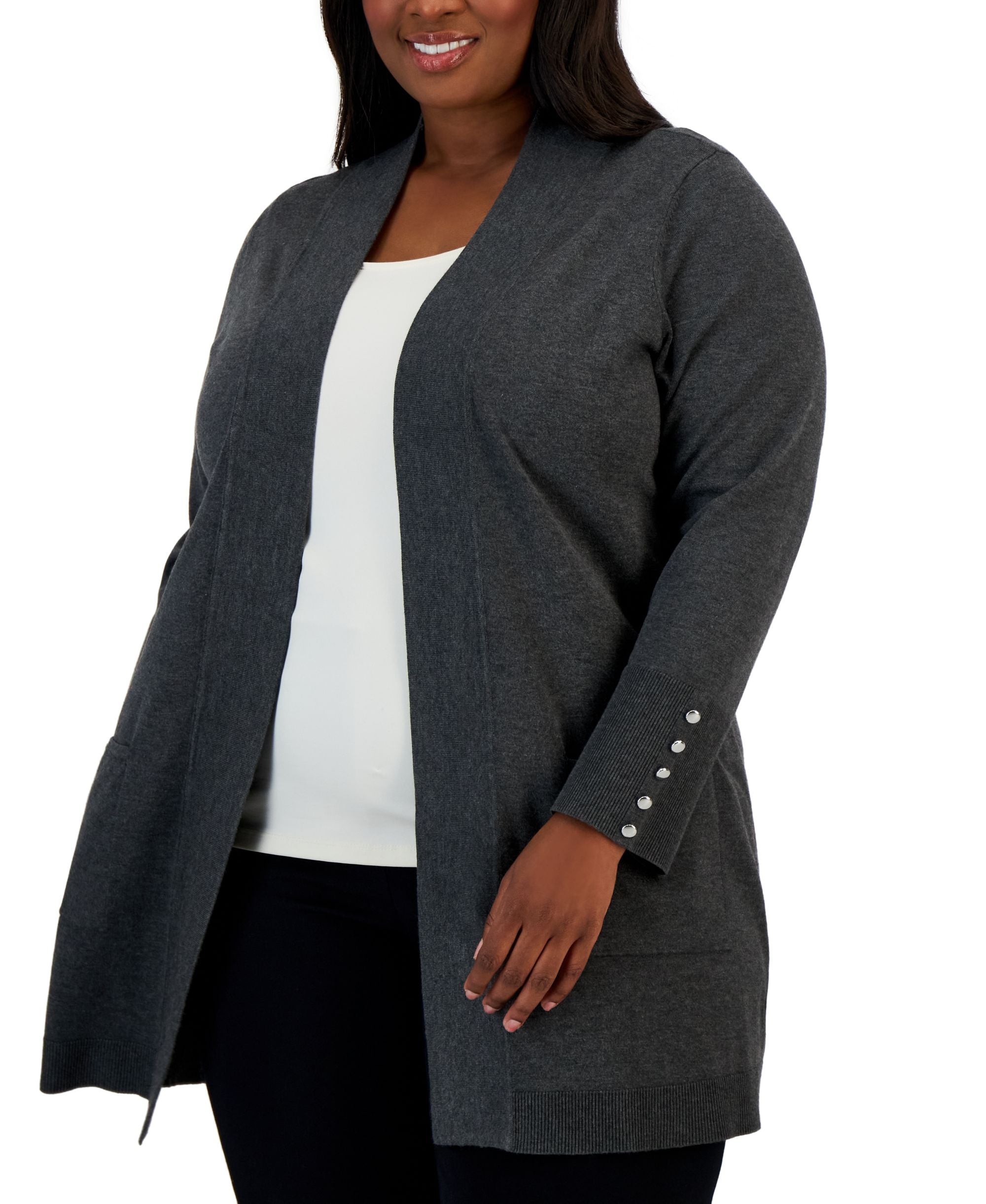 JM Collection Plus Size Button Sleeve Flyaway Cardigan Sweater