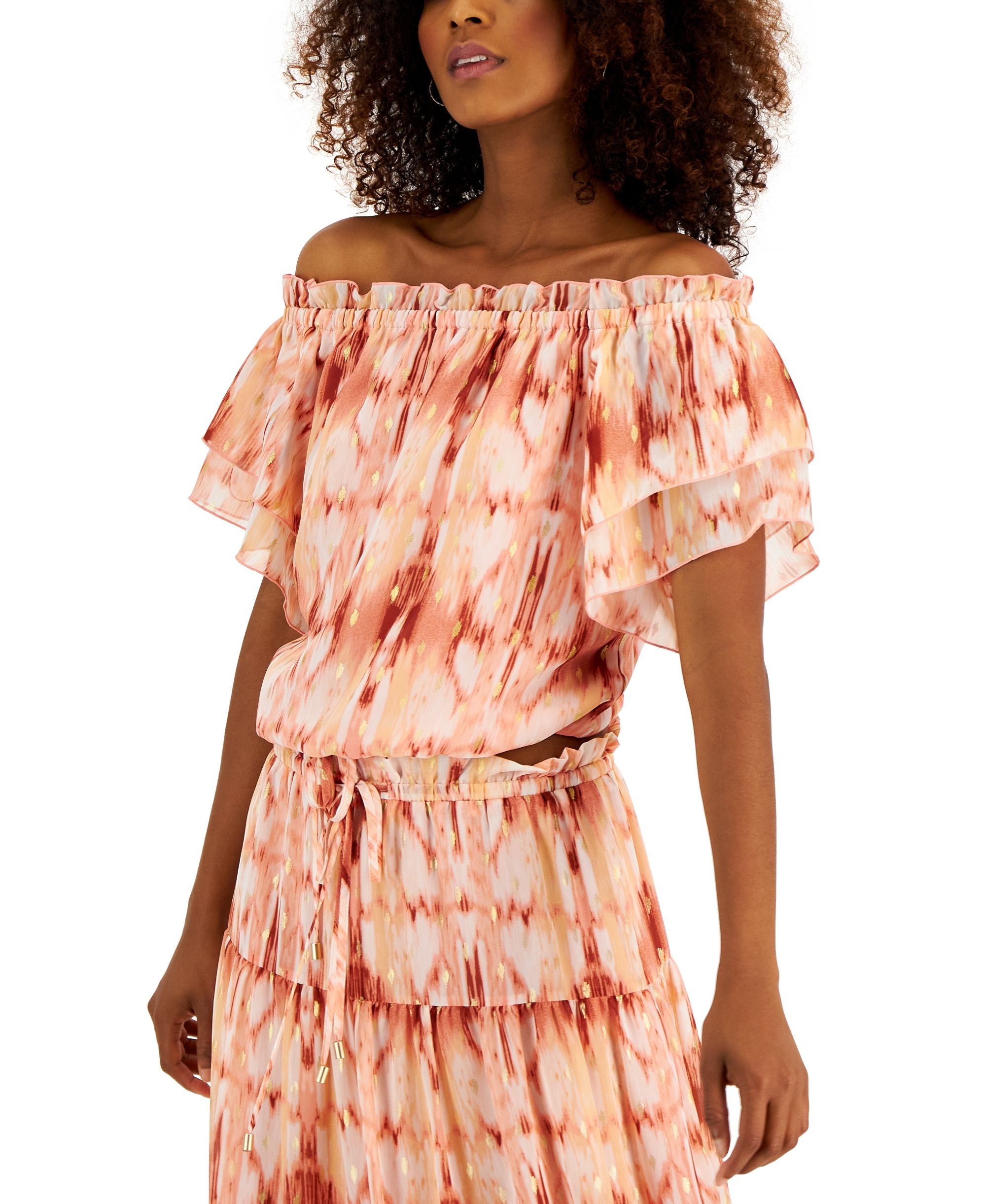 INC International Concepts Womens Foil Print Off The Shoulder Top
