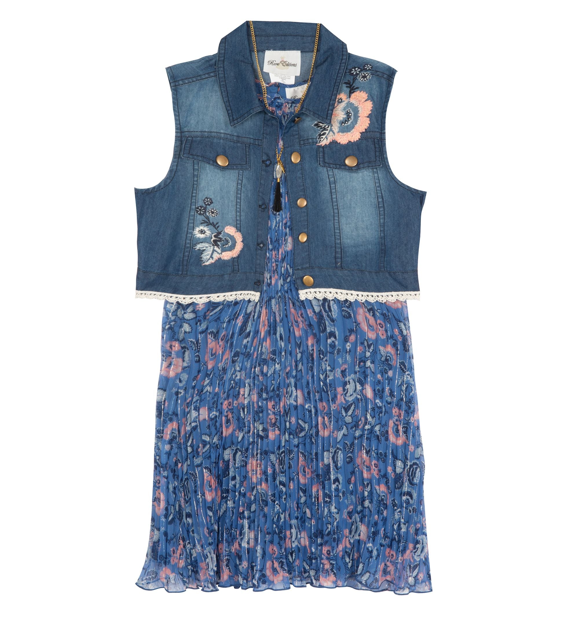 Pleated Chiffon Dress Denim Vest 2 Piece Set