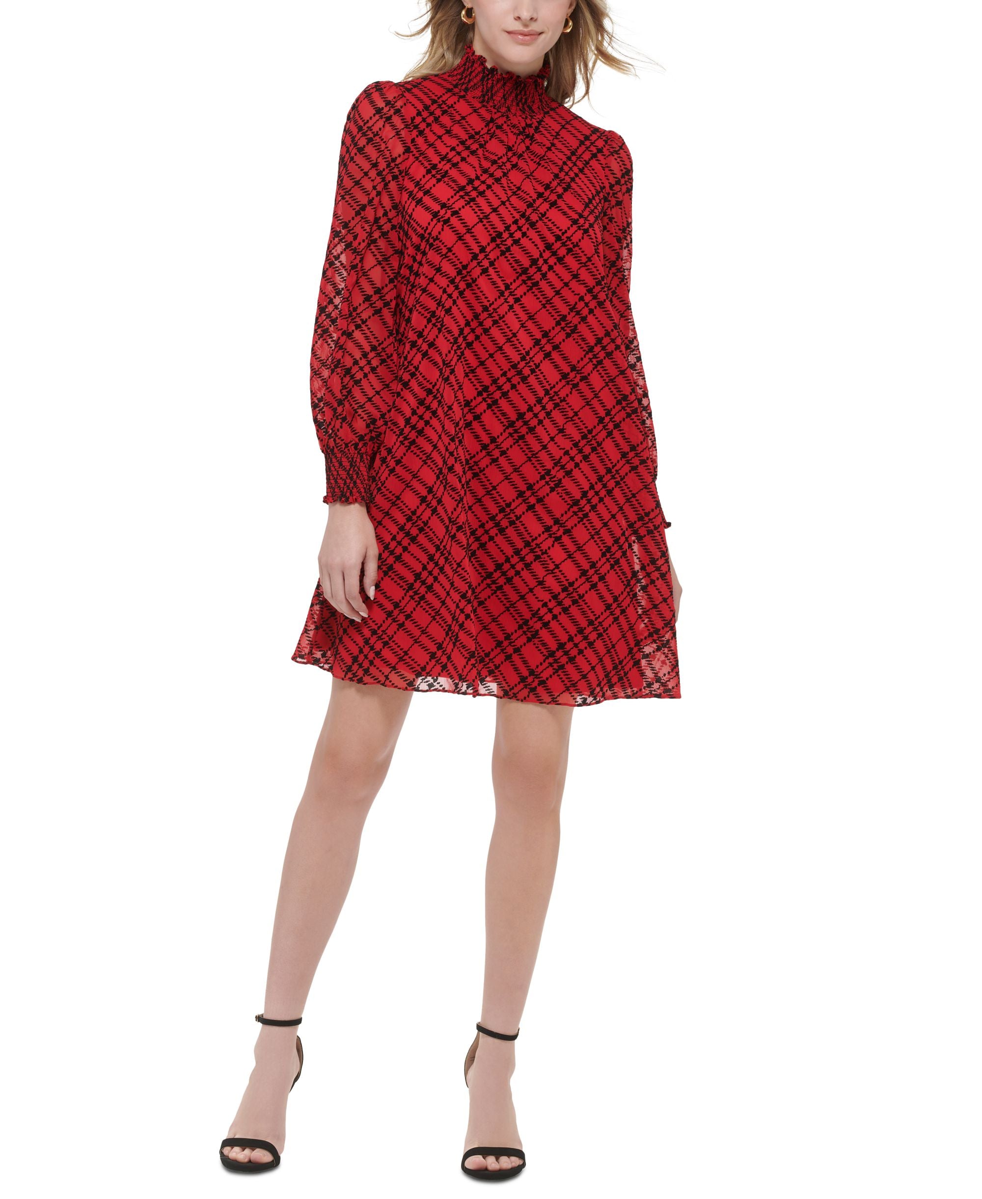Women's Plaid Smocked-Neck Chiffon Dress
