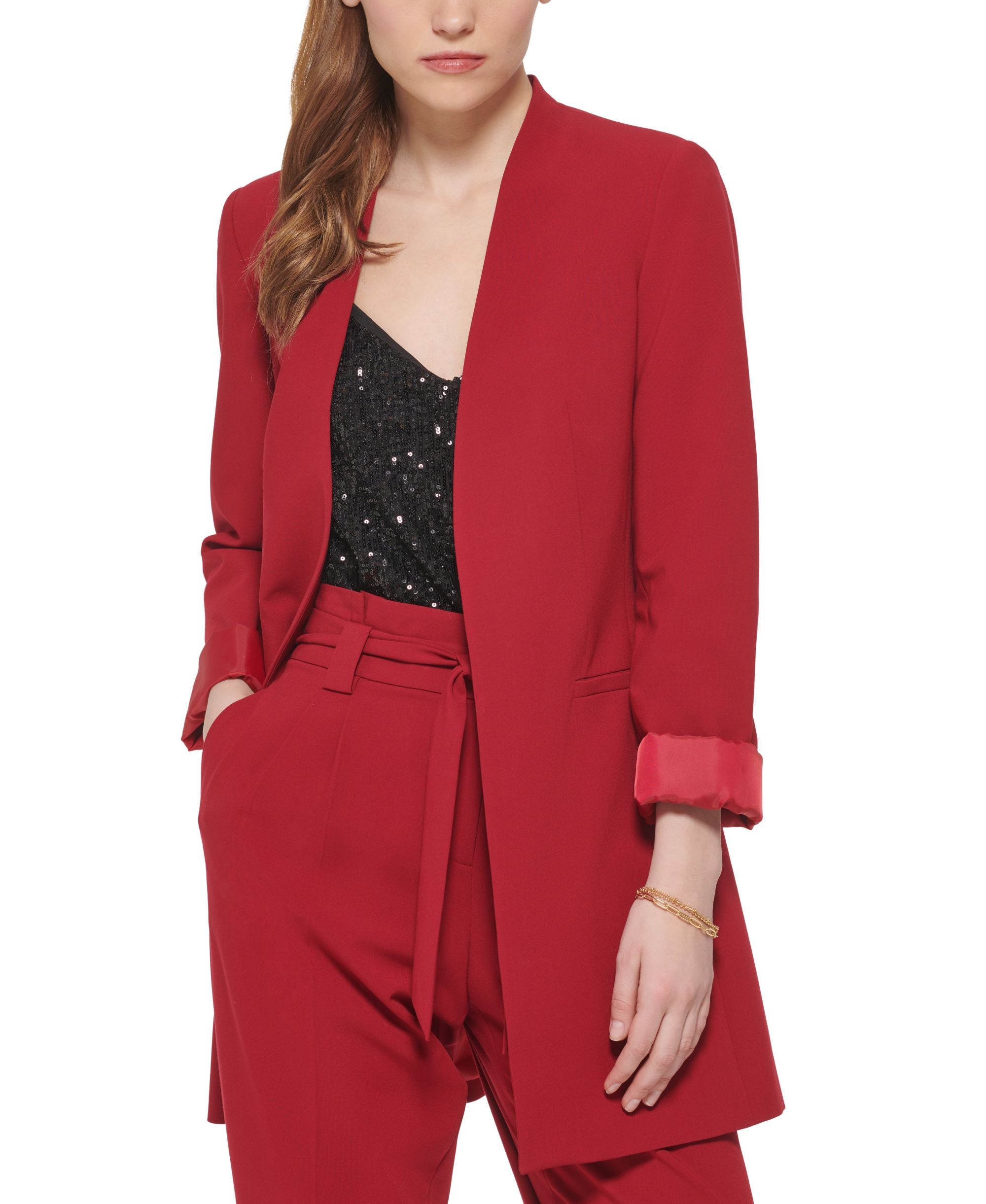 Calvin Klein Petite Long Open-Front Back-Slit Blazer