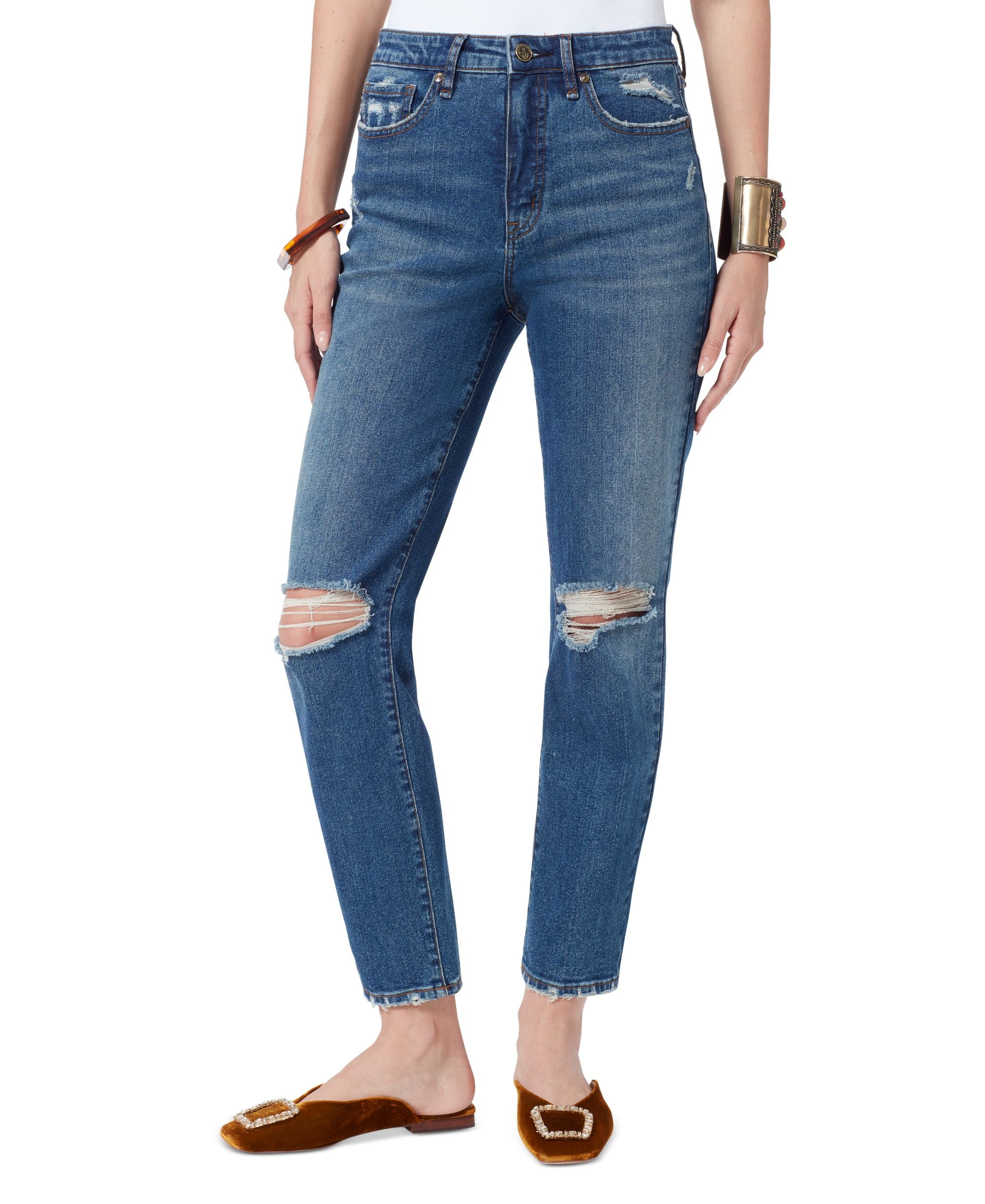 High Rise Distressed Straight Leg Jeans