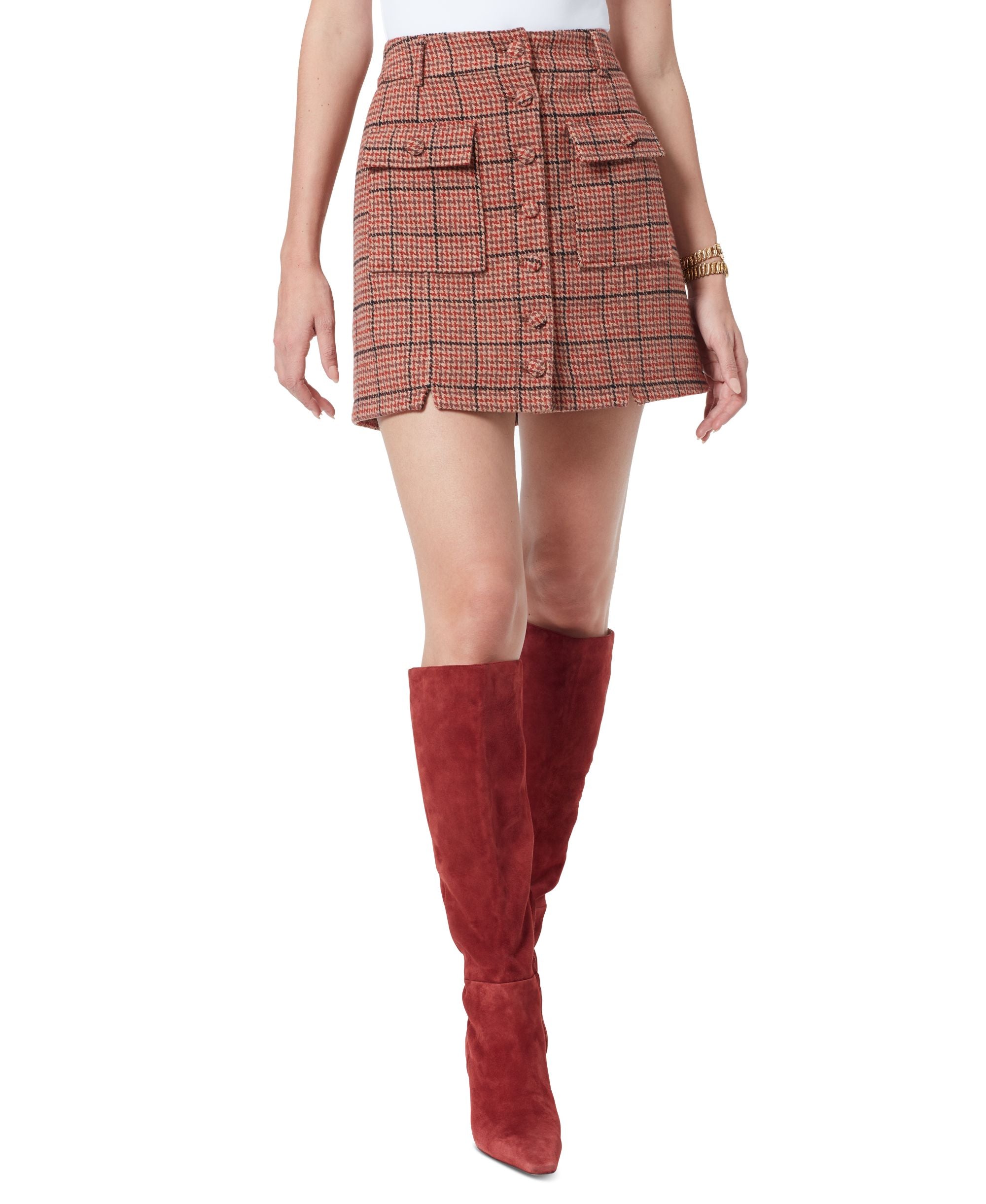 Cara Plaid A-Line Button Front Mini Skirt
