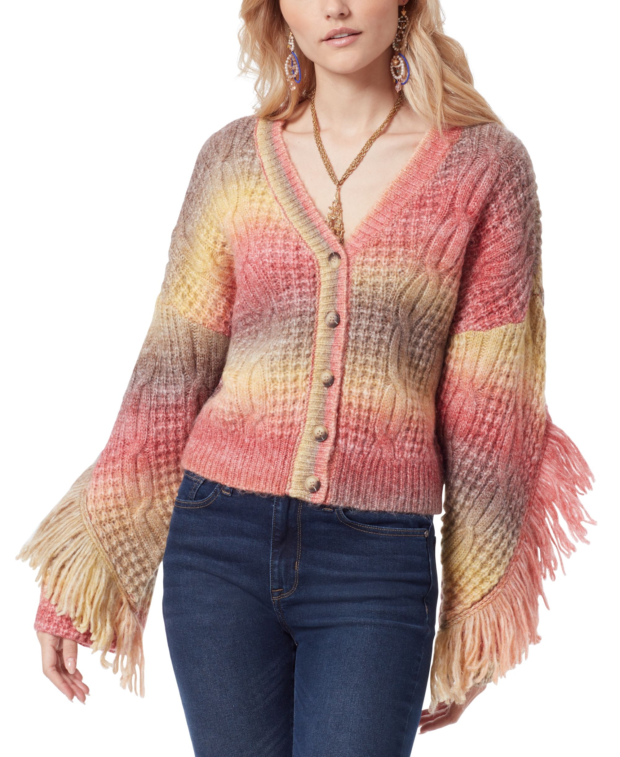 Fringe Bell Sleeve Button Front Sweater