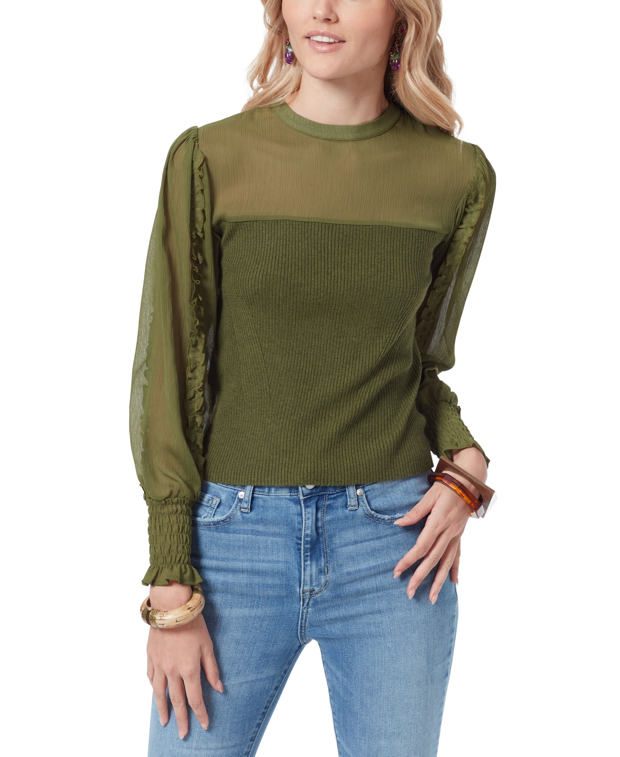 Julian Sheer Ruffle Sleeve Sweater
