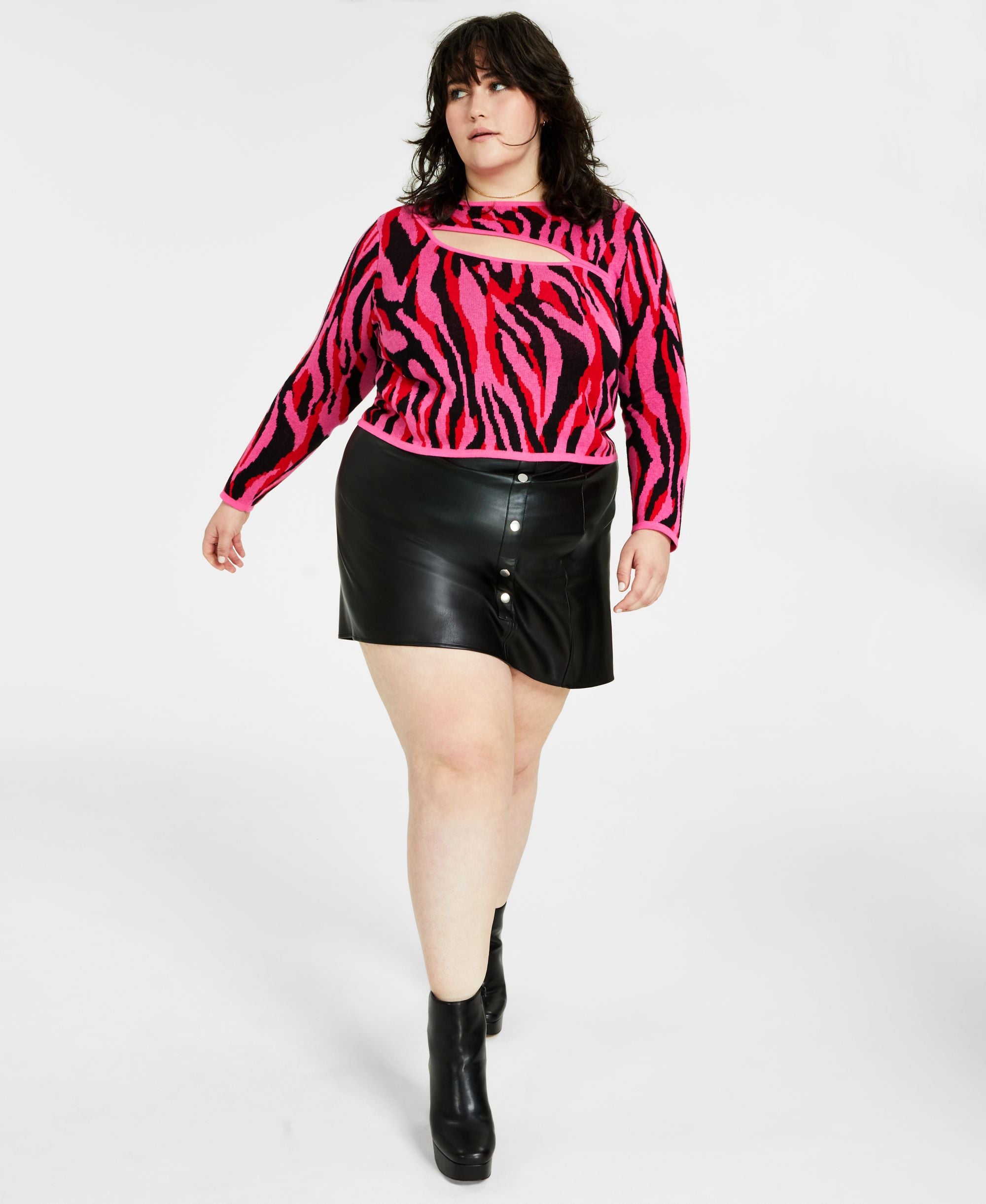 Bar III Plus Size Zebra Jacquard Diagonal Cutout Sweater