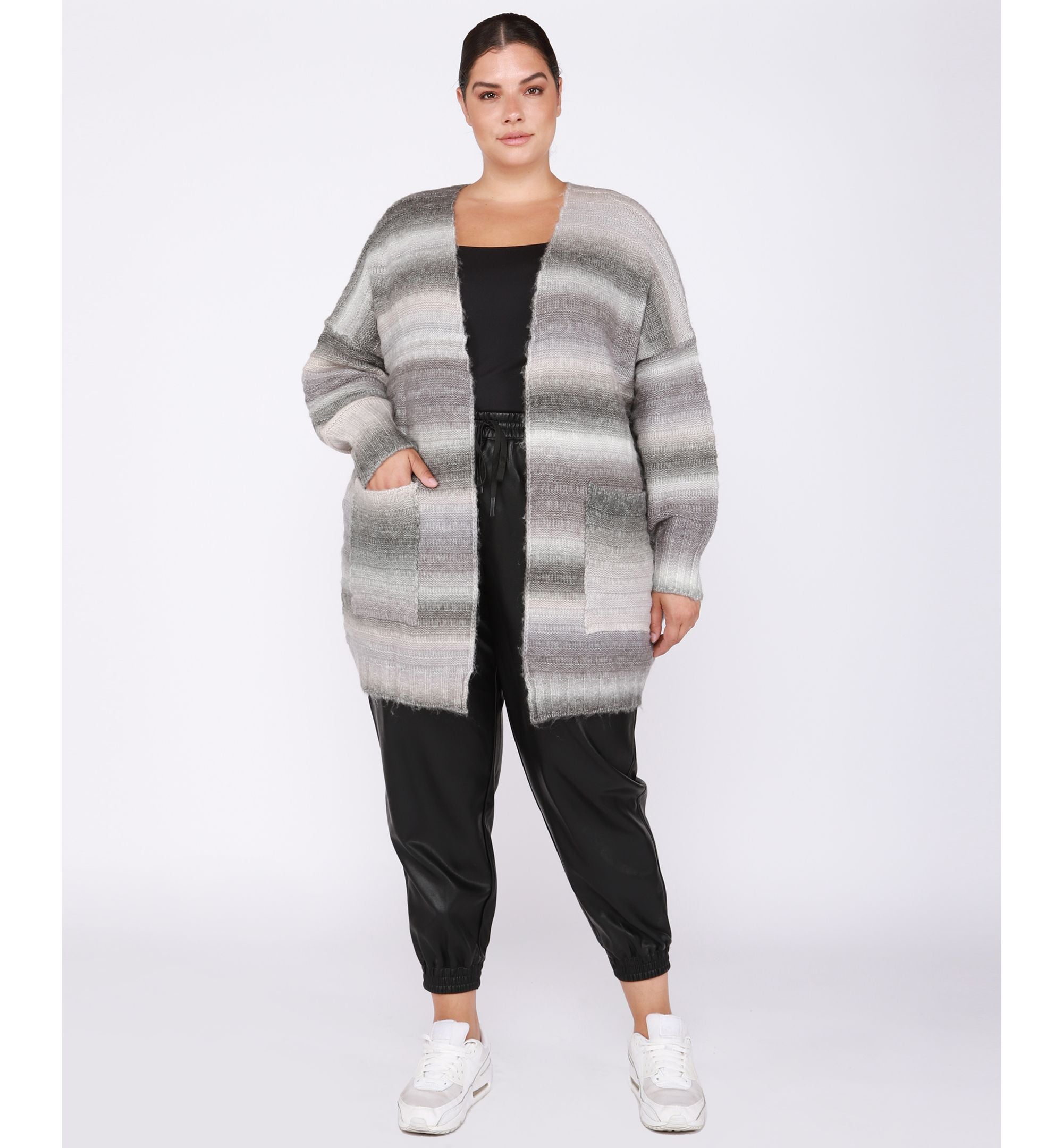 Black Tape Trendy Plus Size Textured Striped Knit Open Front Cardigan
