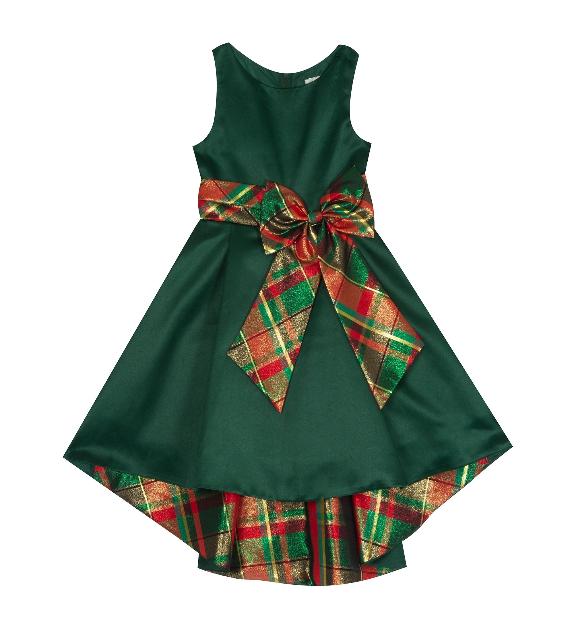 Big Girls Satin Dress With Hi Low Skirt Plaid Bow