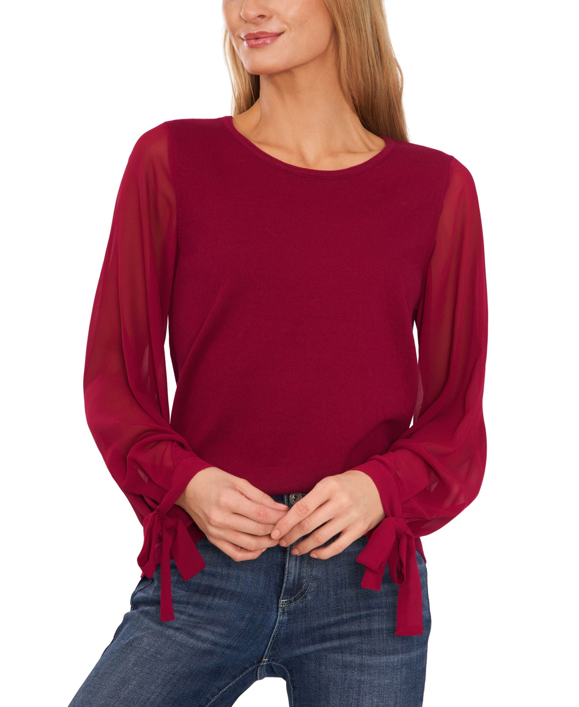 Women's Cotton Chiffon-Sleeve Mixed-Media Sweater
