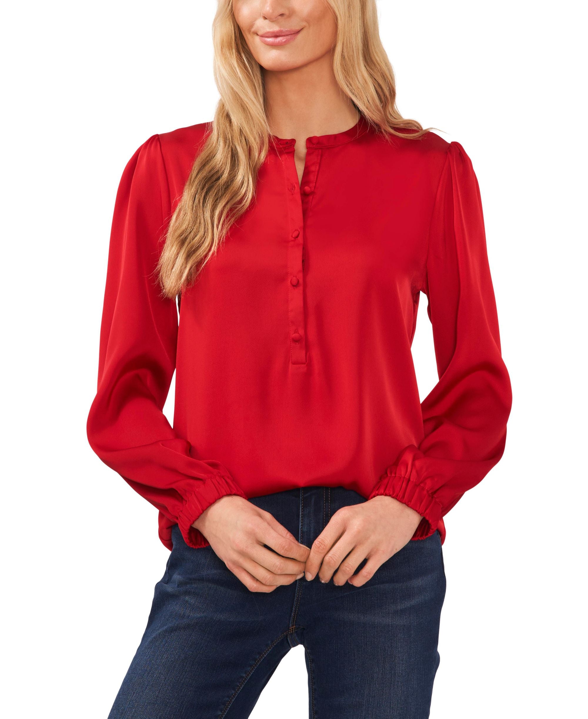 Women's Long Sleeve Crew Neck Button-Up Blouse