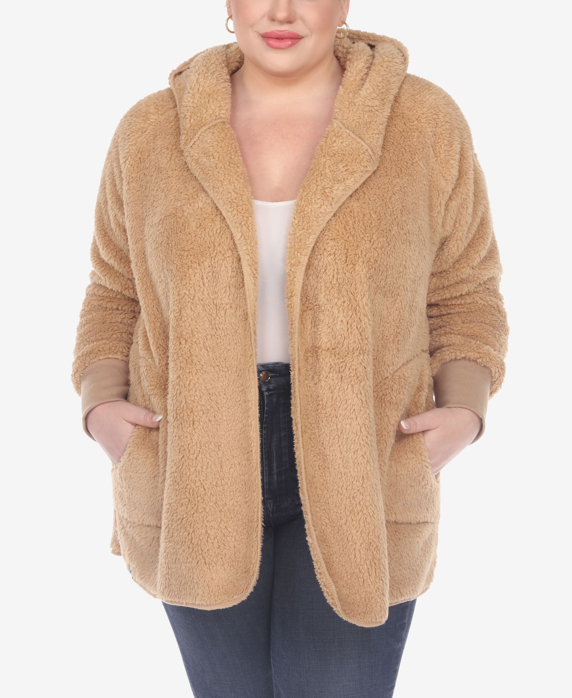 Plus Size Plush Hooded Cardigan Jacket with Pockets