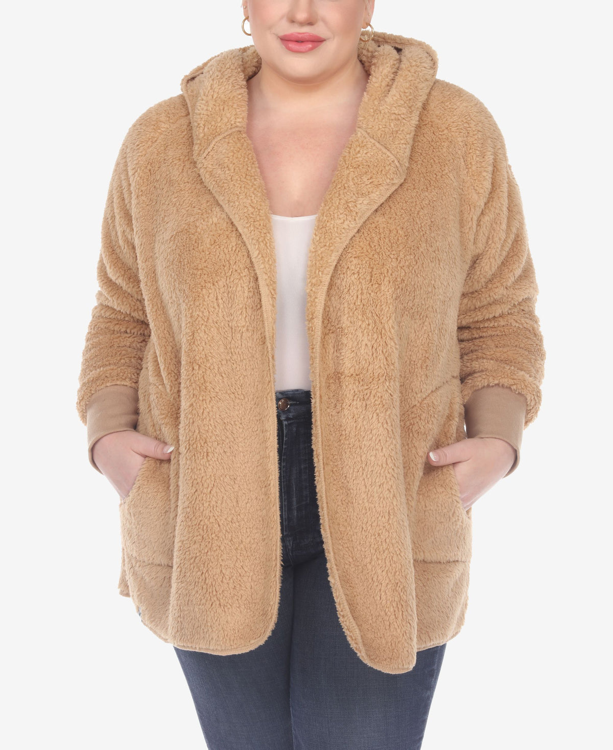 Plus Size Plush Hooded Cardigan Jacket with Pockets